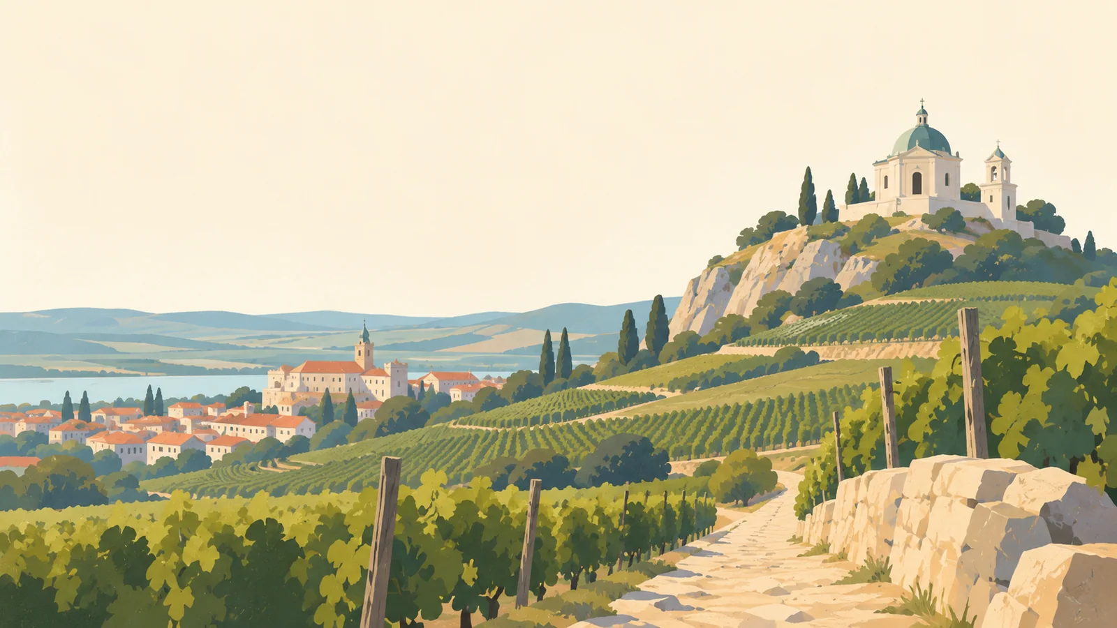 Flat gouache illustration of Moravian wine country: Mikulov's white Holy Hill chapel above broad green vineyard strips and a narrow stone path.