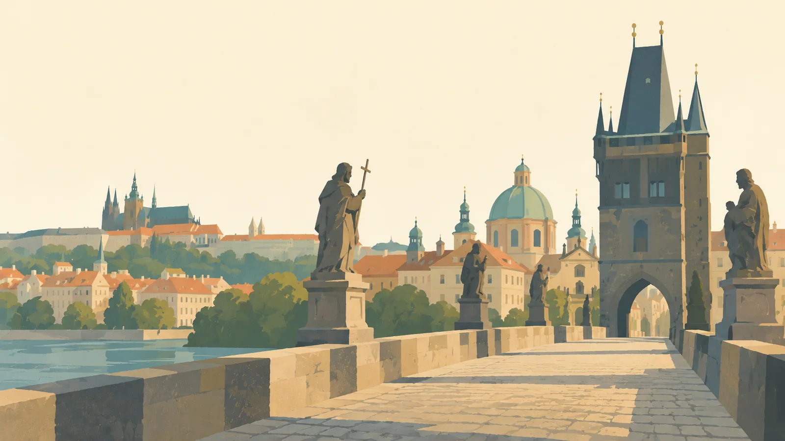 Flat gouache illustration of Prague: Prague's Charles Bridge Gothic tower seen along a quiet cobbled approach with a few broad baroque statue silhouettes.