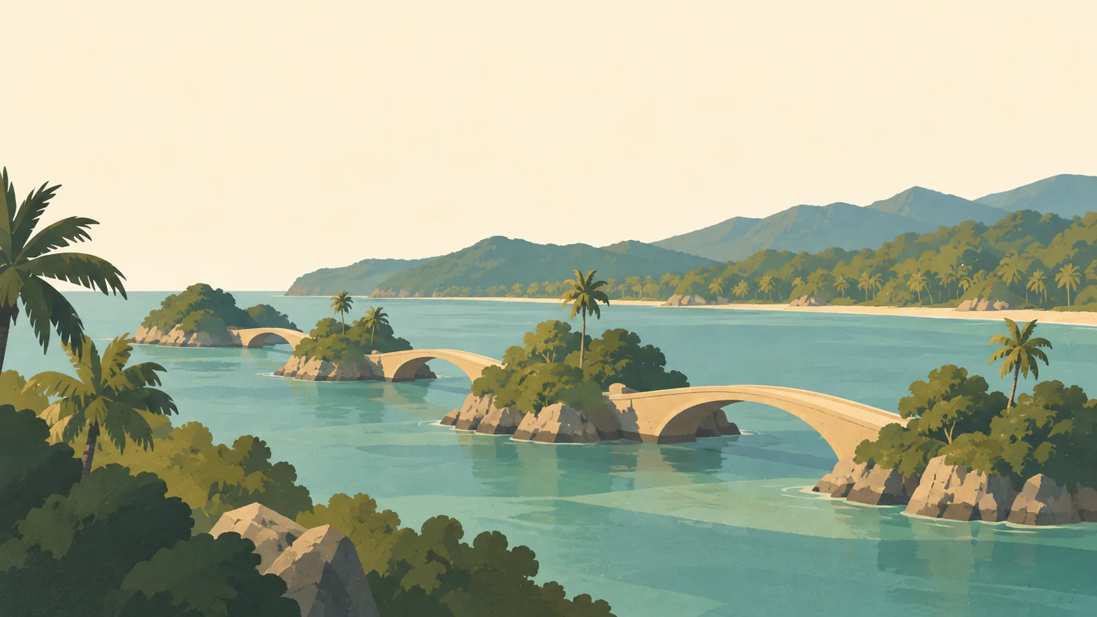 Flat gouache illustration of Samaná & Las Terrenas: Samaná's distinctive pedestrian bridges linking tiny offshore islets, seen as a diagonal series of pale arches over muted teal bay.