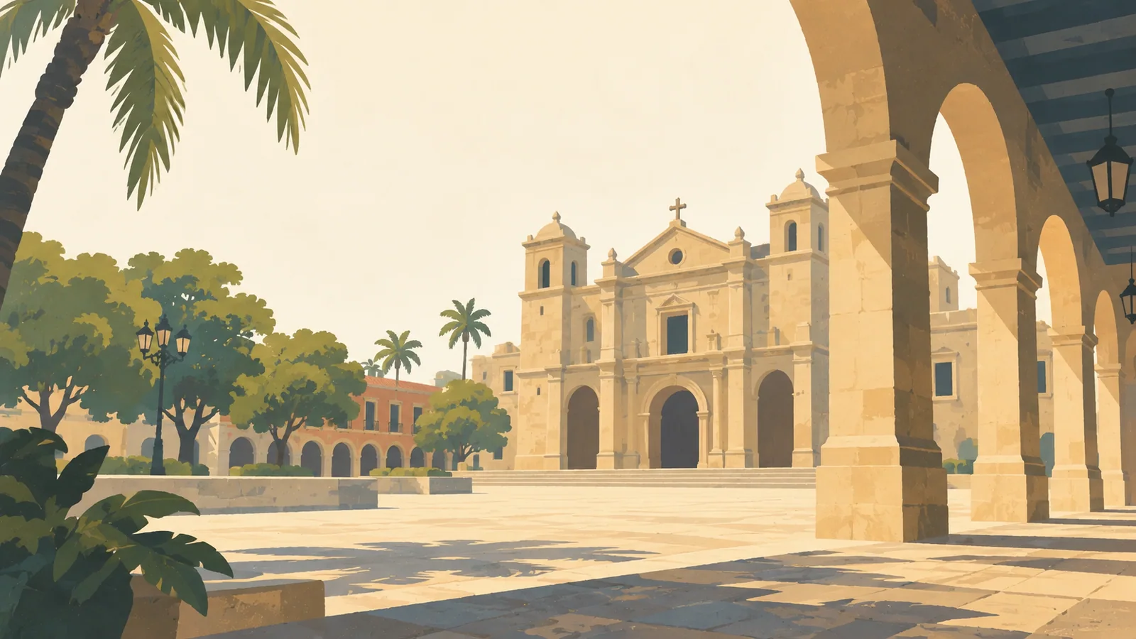 Flat gouache illustration of Santo Domingo: Santo Domingo's honey-stone first cathedral and a quiet corner of Parque Colón.