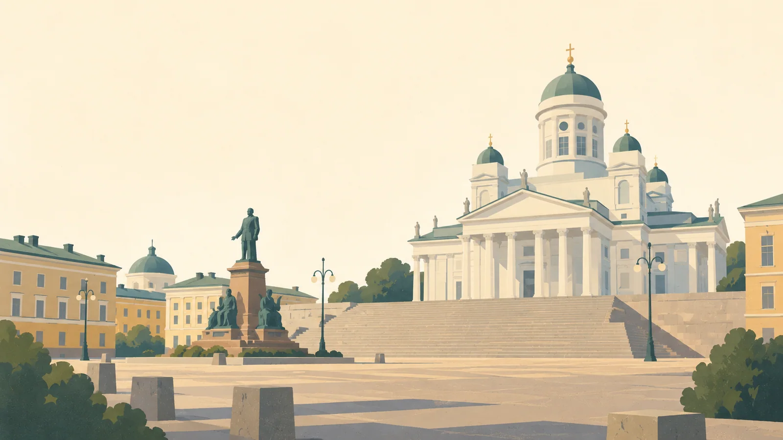 Flat gouache illustration of Helsinki: Helsinki's white cathedral above the broad pale steps of Senate Square.