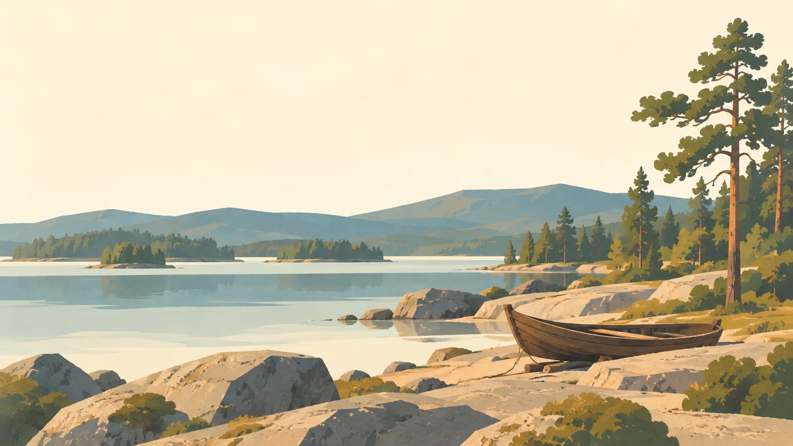 Flat gouache illustration of Inari and northern Lapland: Lake Inari's rocky pine-edged shore with a small traditional wooden boat pulled onto pale stones.
