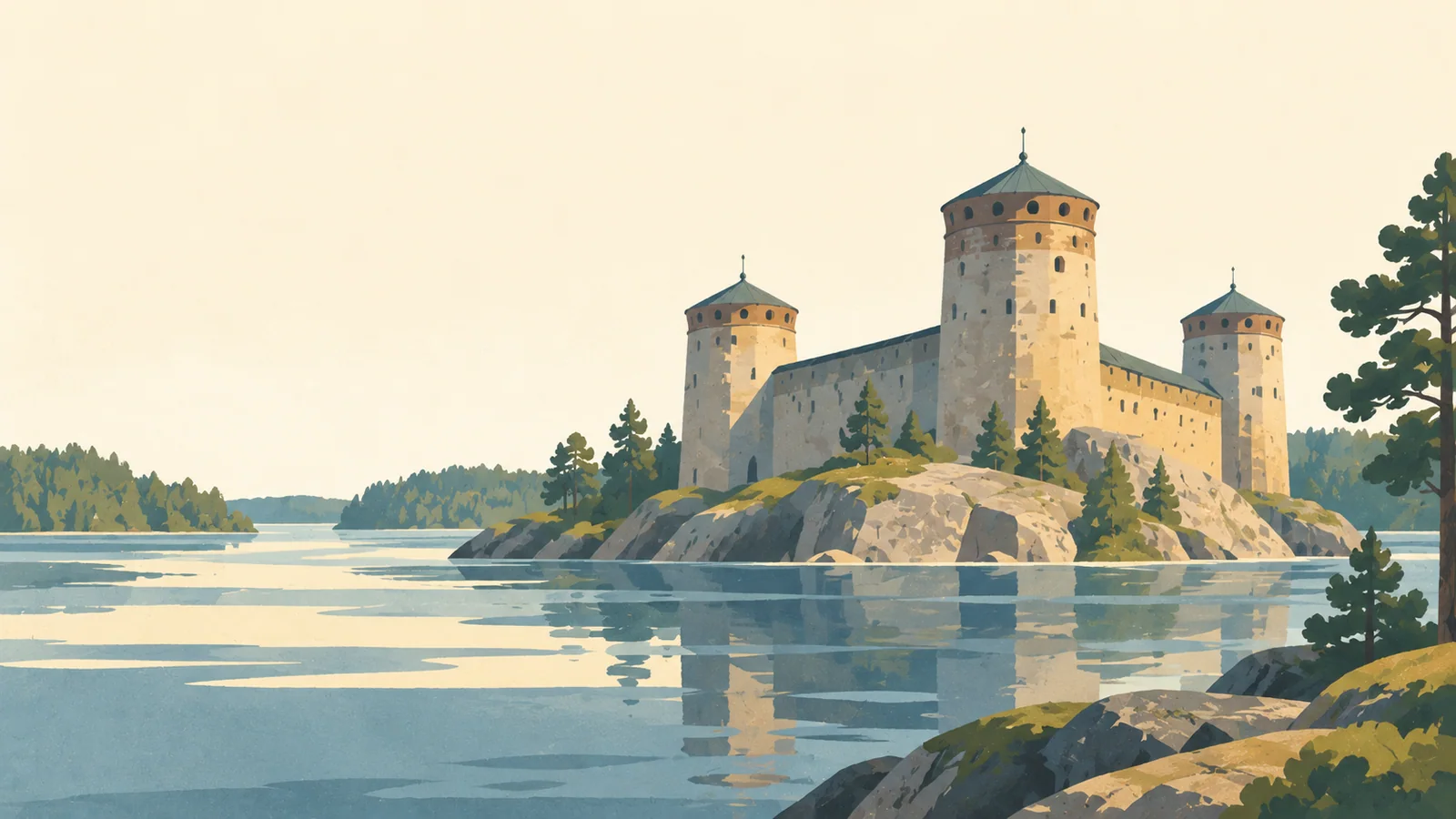 Flat gouache illustration of Lake Saimaa: Olavinlinna's three round stone towers rising from a small rocky island in Lake Saimaa.