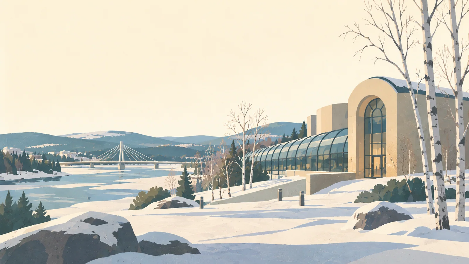 Flat gouache illustration of Rovaniemi: Rovaniemi's Arktikum long glass tunnel emerging from a quiet snowy birch park.