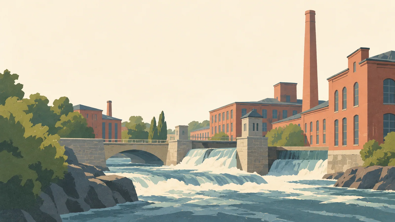 Flat gouache illustration of Tampere: Tampere's Tammerkoski rapids running between warm red-brick Finlayson mill buildings and a small stone bridge.