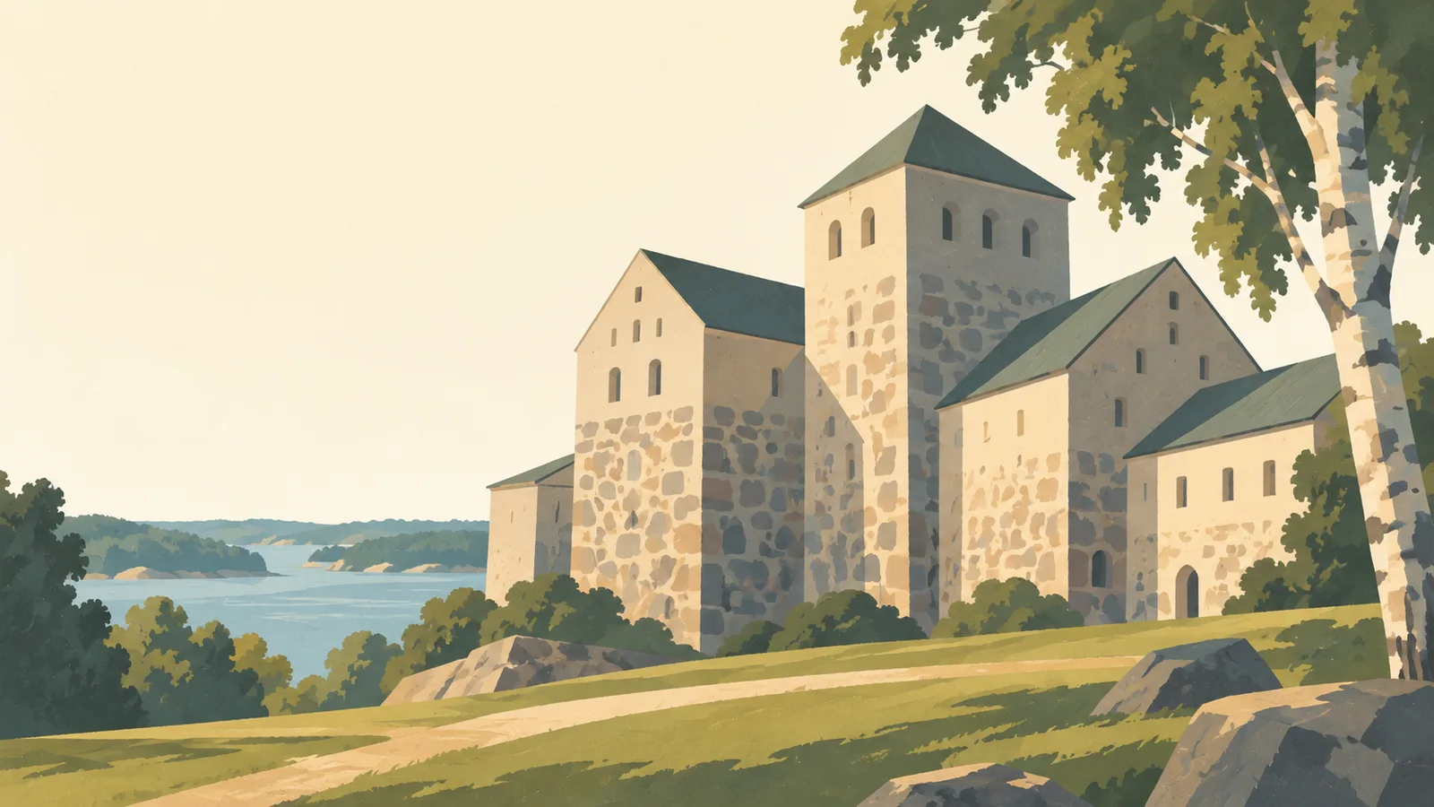 Flat gouache illustration of Turku and the archipelago: Turku's medieval stone castle massive rectangular walls beside a quiet grassy path and one broad birch canopy.
