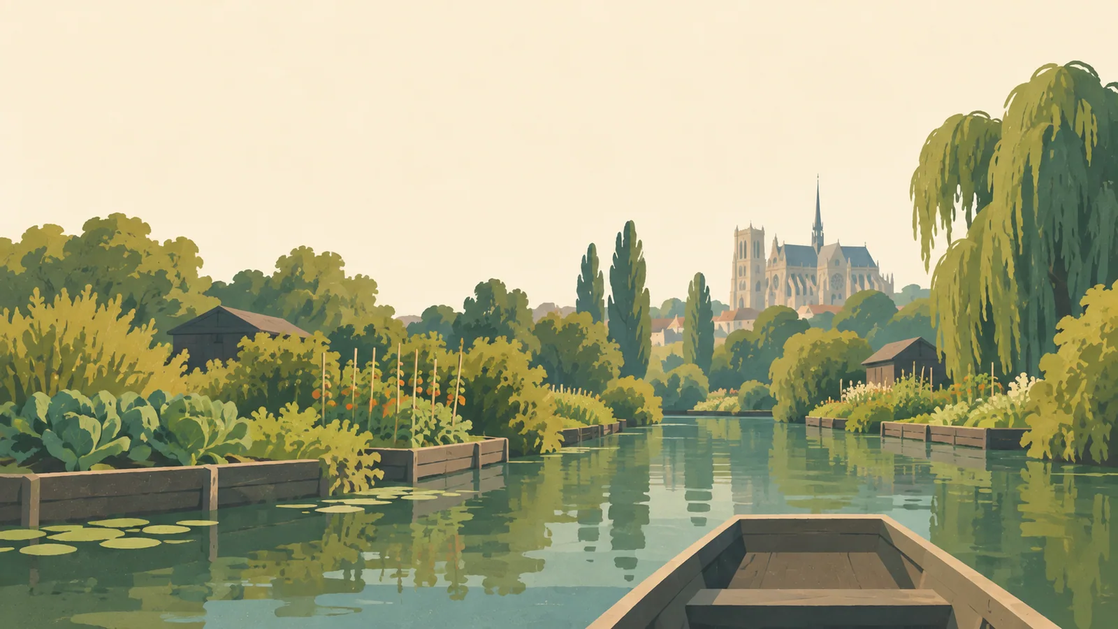 Flat gouache illustration of Amiens: Amiens' Hortillonnages floating gardens seen from a narrow flat-bottomed boat on a green canal.