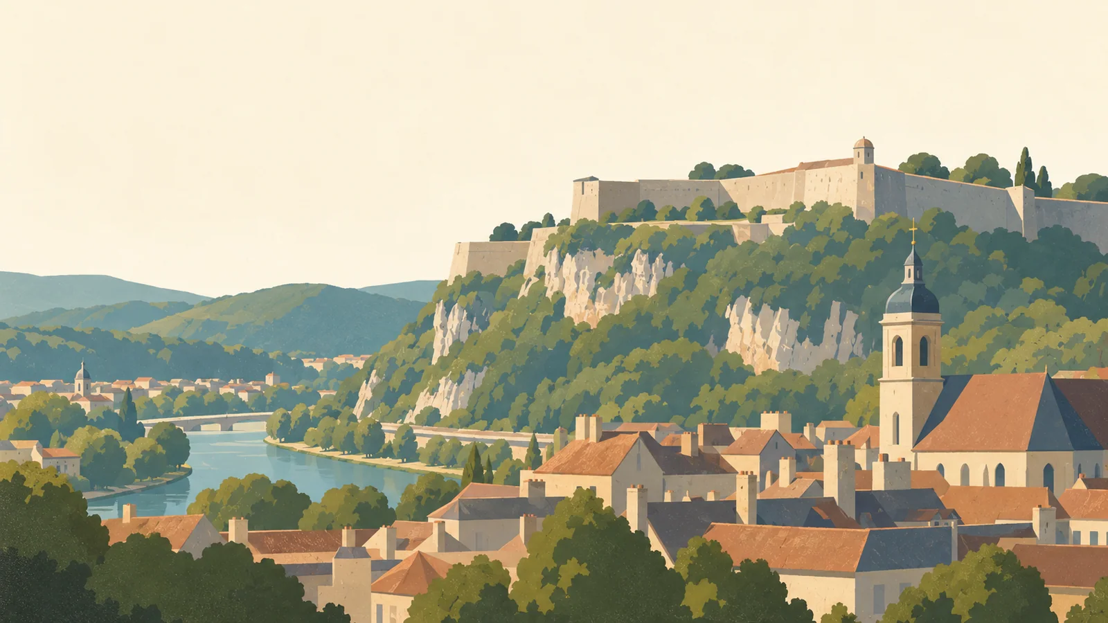 Flat gouache illustration of Besançon: Besançon's Vauban citadel crowning a limestone ridge above the Doubs loop.