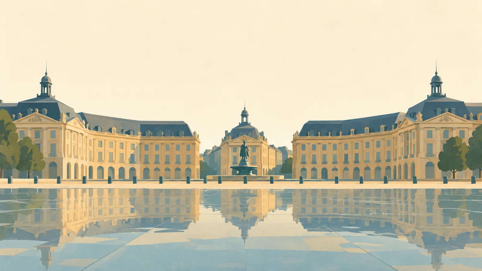 Flat gouache illustration of Bordeaux: Bordeaux's Place de la Bourse reflected in the shallow Miroir d'eau.