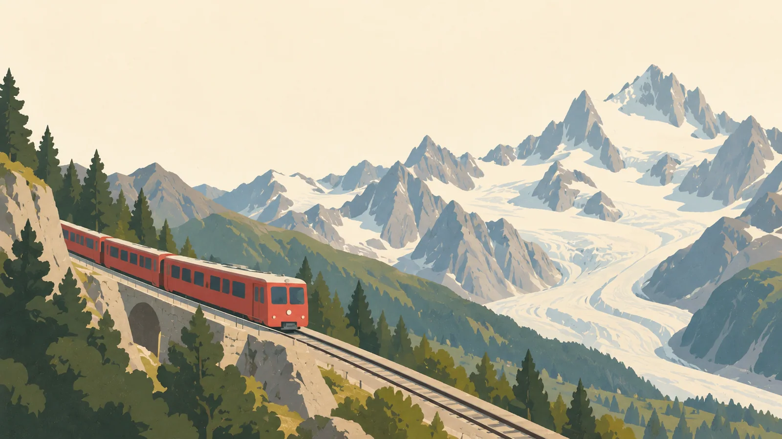 Flat gouache illustration of Chamonix and the Alps: Chamonix's small red Montenvers mountain train on a diagonal alpine track with broad glacier and granite shapes beyond.