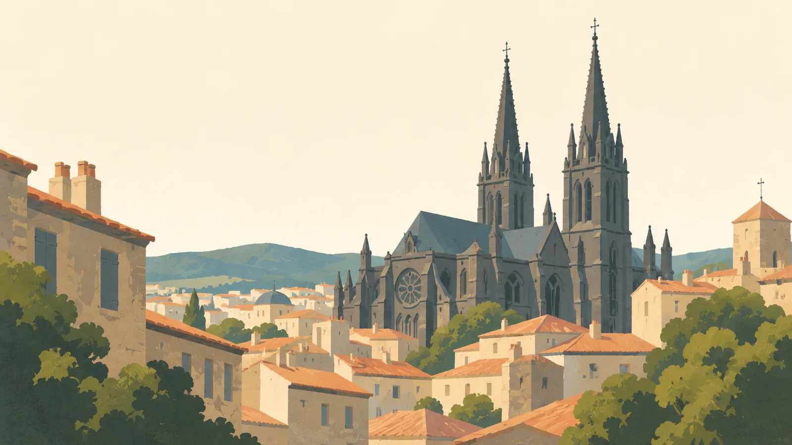 Flat gouache illustration of Clermont-Ferrand: Clermont-Ferrand's dark volcanic-stone Gothic cathedral rising from pale ochre old-town roofs.