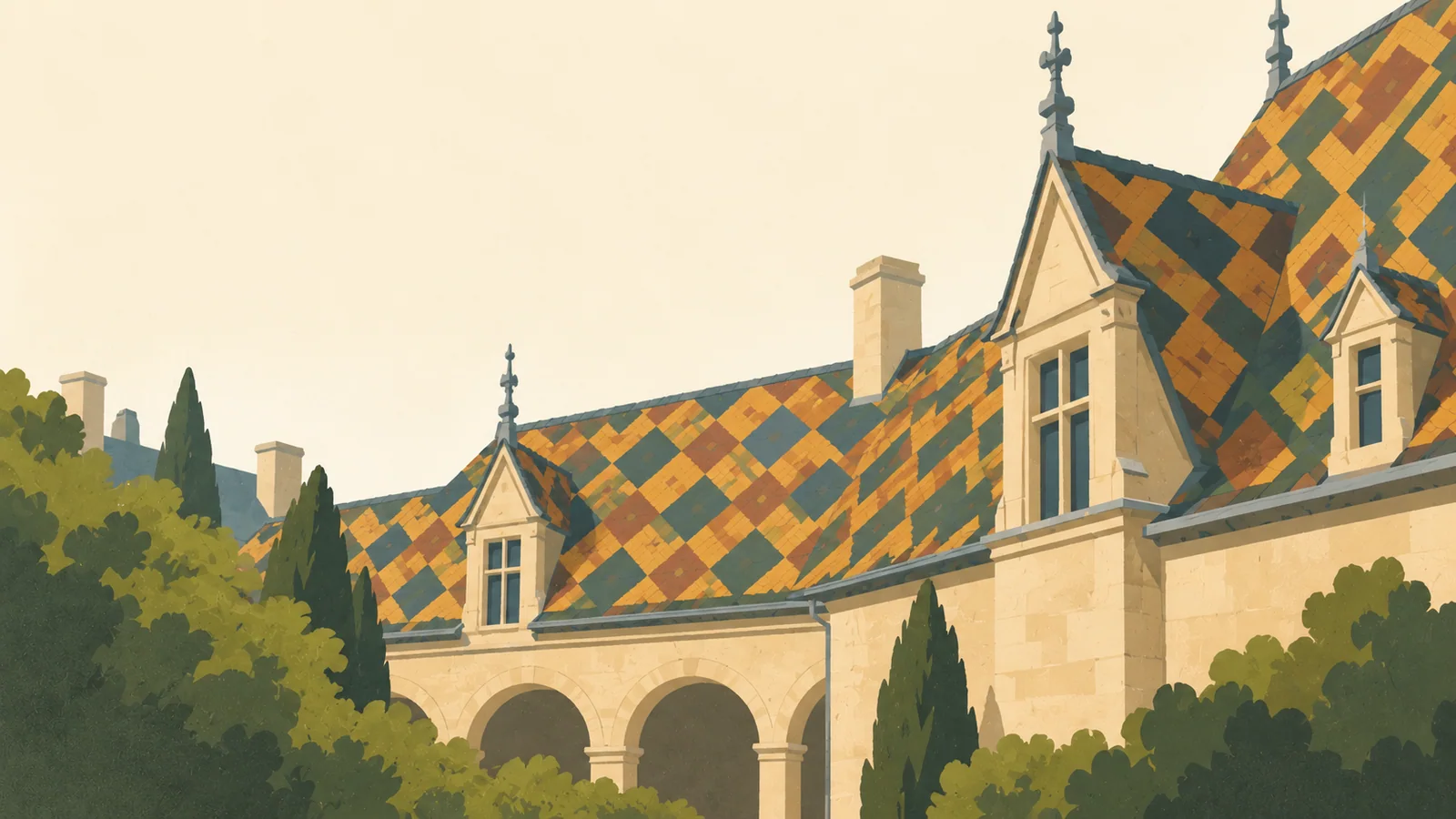 Flat gouache illustration of Dijon: Dijon's traditional patterned Burgundian glazed roof tiles simplified into broad diamond colour blocks above a quiet historic courtyard.