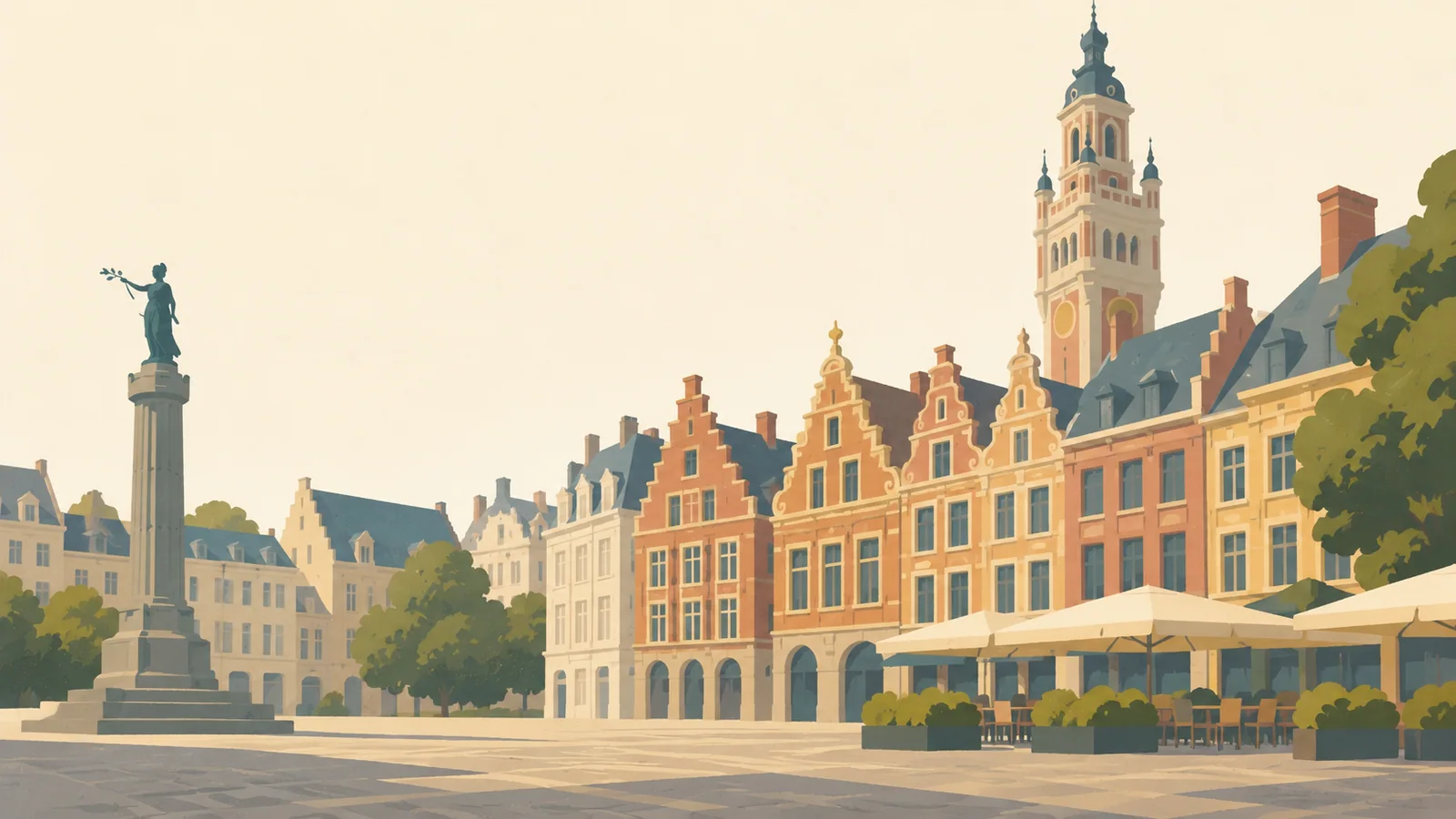Flat gouache illustration of Lille: Lille's Grand Place with a distinctive Flemish stepped-gable facade and broad café awning.