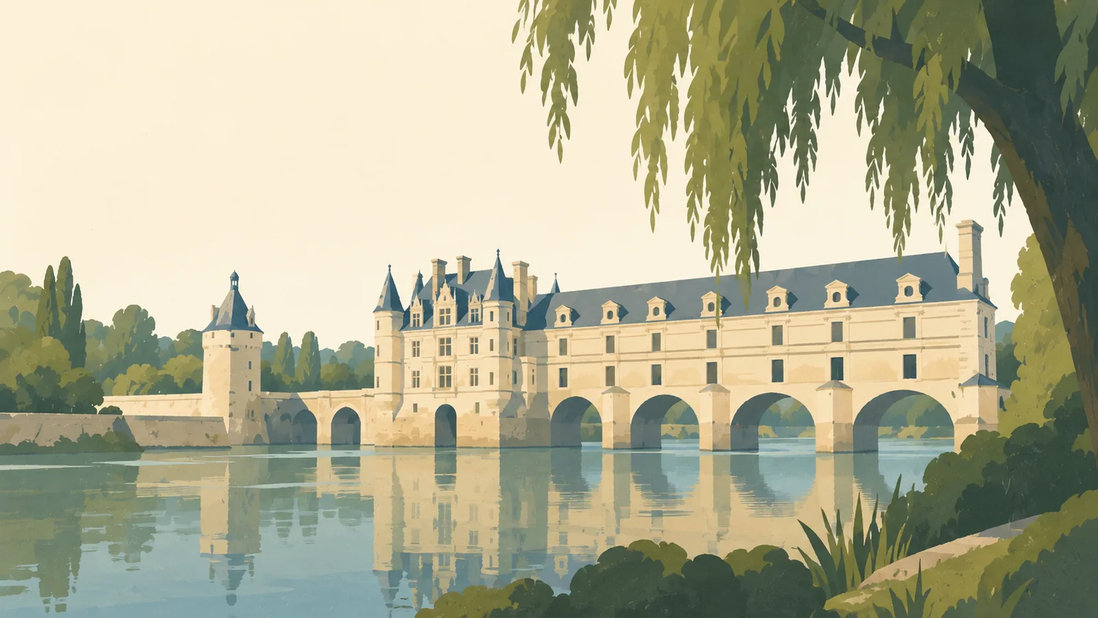 Flat gouache illustration of Loire Valley: Château de Chenonceau's long gallery arches spanning the Cher, seen side-on through one broad willow canopy.