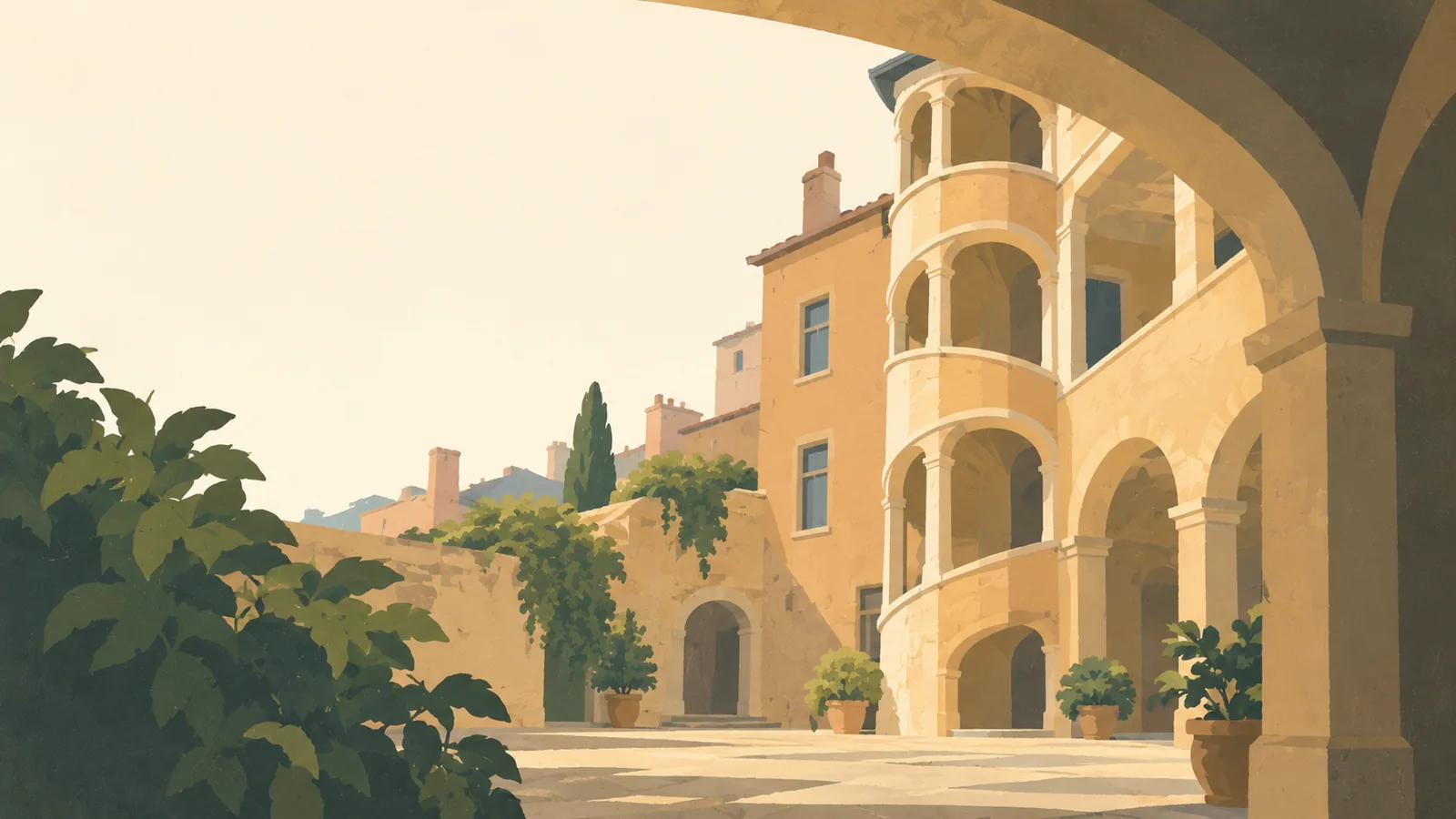 Flat gouache illustration of Lyon: A Vieux Lyon traboule's ochre courtyard and elegant spiral stair tower under a broad arch.