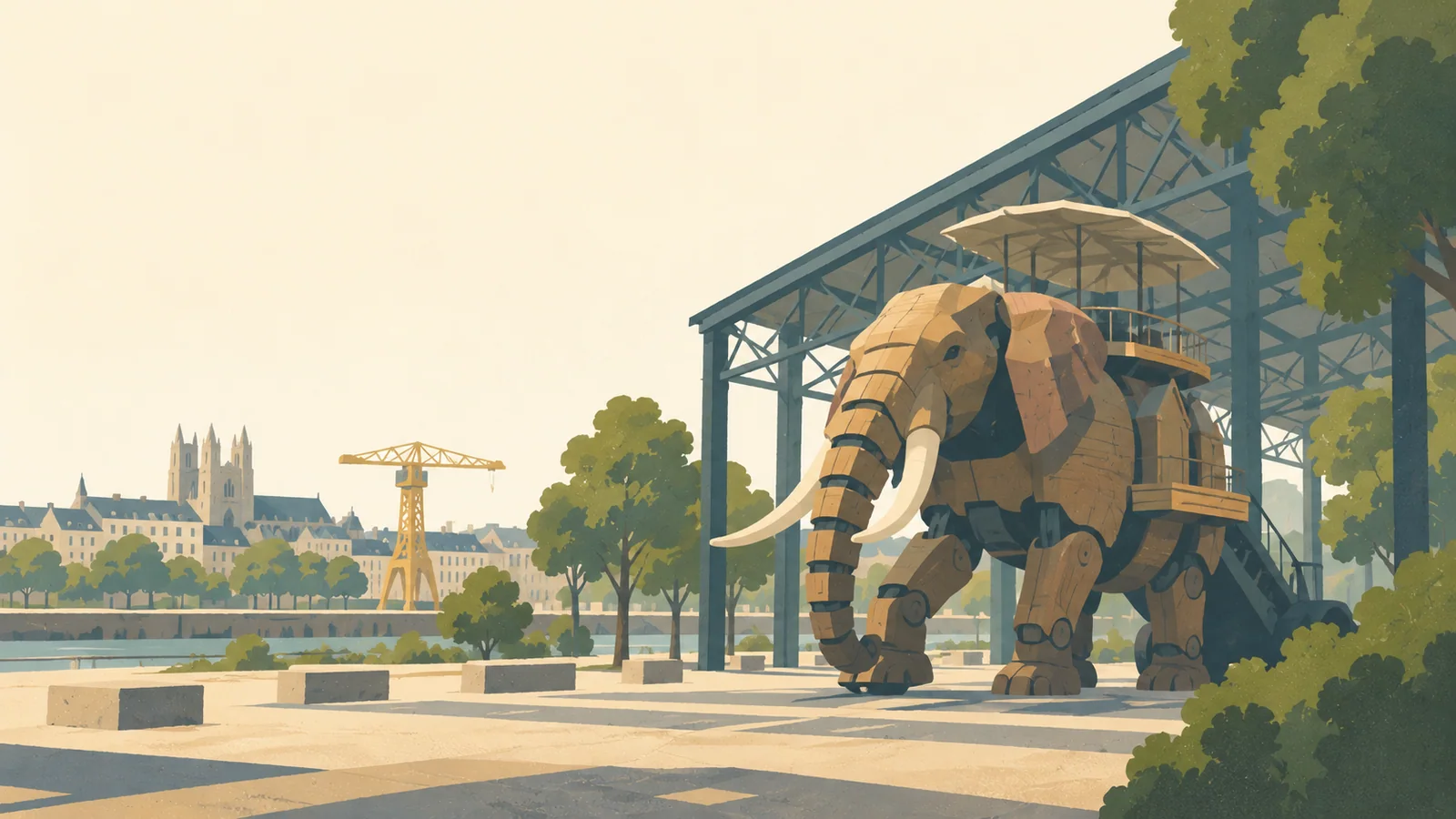 Flat gouache illustration of Nantes: Nantes' monumental mechanical elephant with broad wood-and-steel shapes beneath a former shipyard hall.