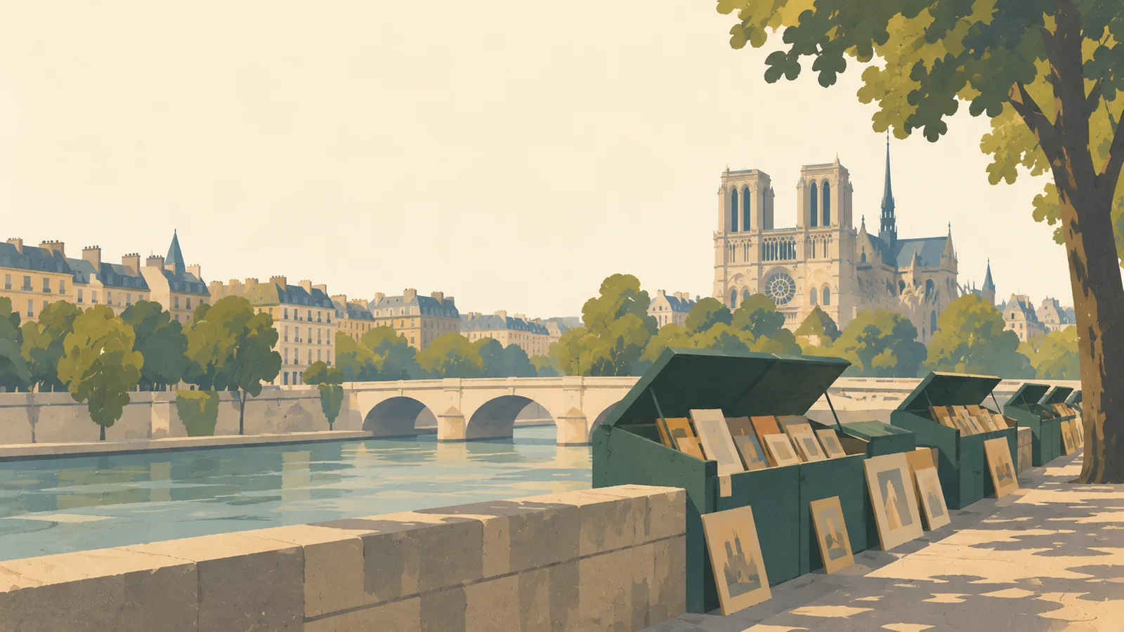 Flat gouache illustration of Paris: Paris' green bouquiniste book boxes along a quiet Seine quay with Notre-Dame's recognisable towers in the distance.