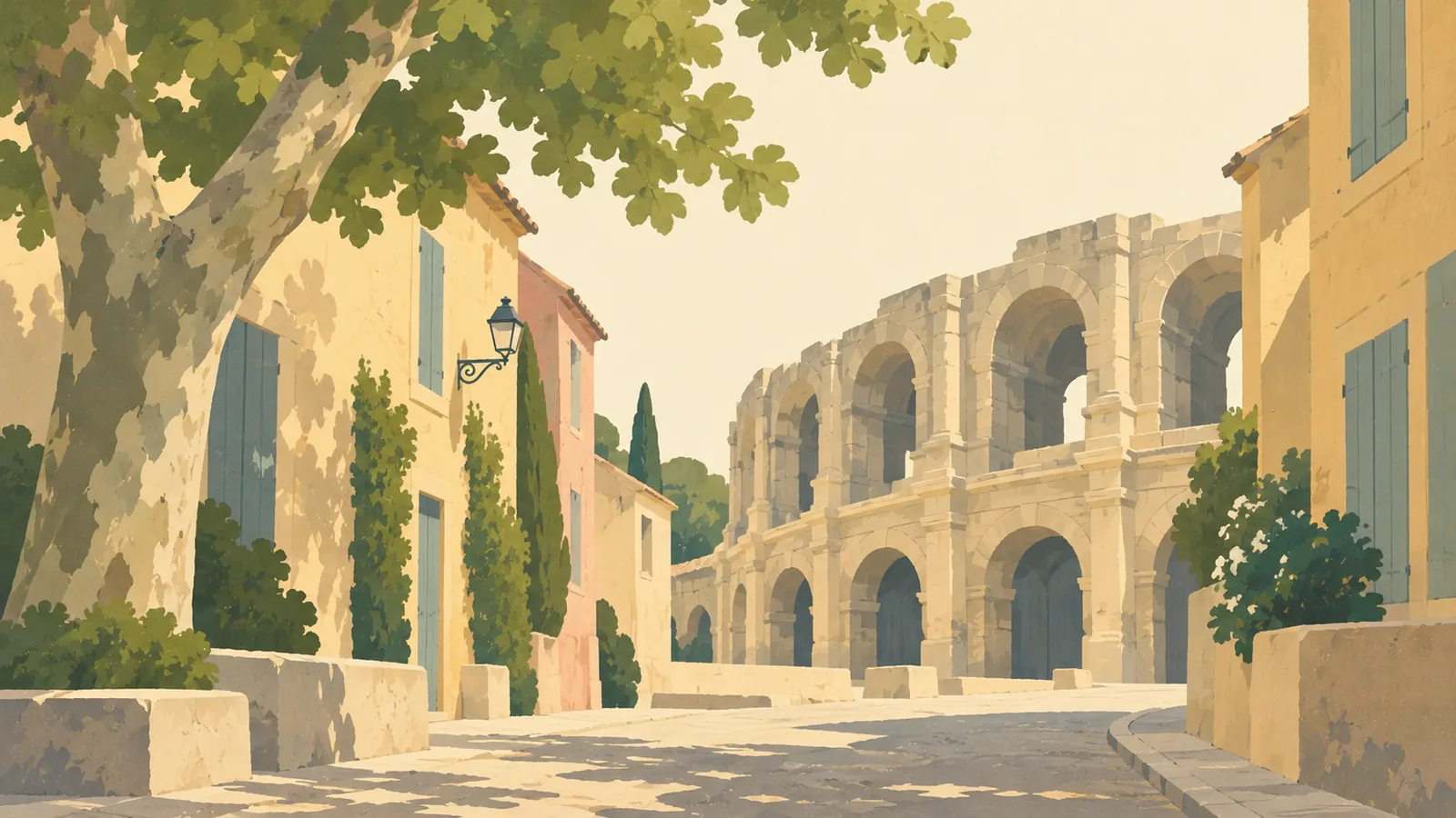 Flat gouache illustration of Provence: Arles' Roman arena curved stone arches at the end of a narrow pastel lane with one plane tree.