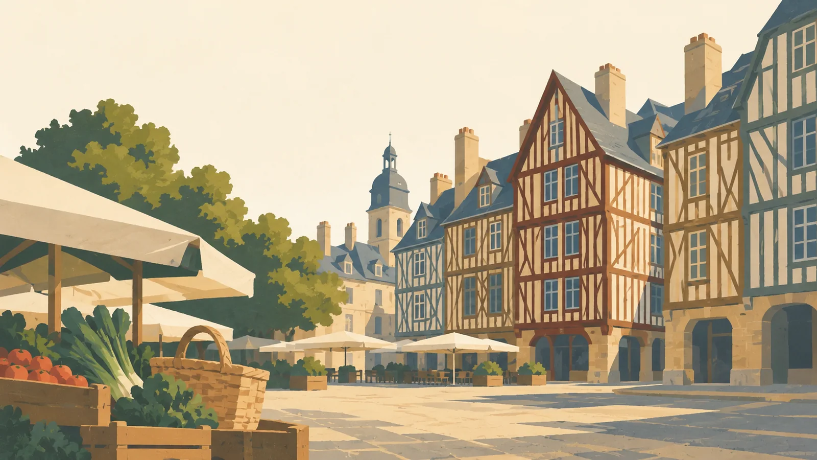 Flat gouache illustration of Rennes: Rennes' slanted medieval timber-framed houses on Place des Lices with one simple market basket in the foreground.