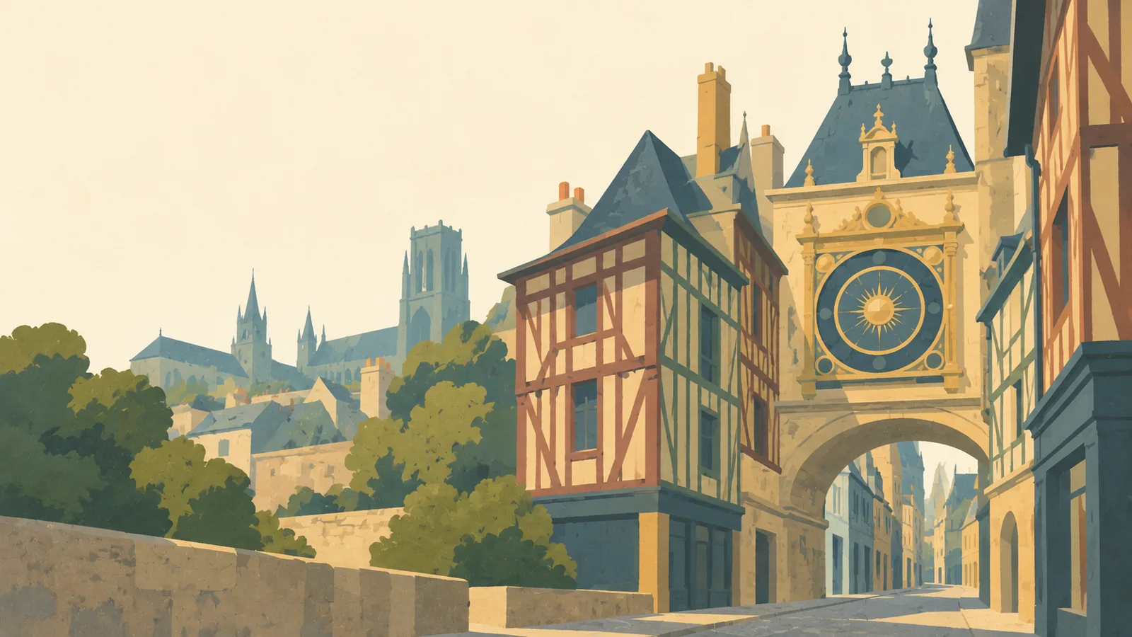 Flat gouache illustration of Rouen: Rouen's Gros-Horloge clock arch spanning a narrow timber-framed street.