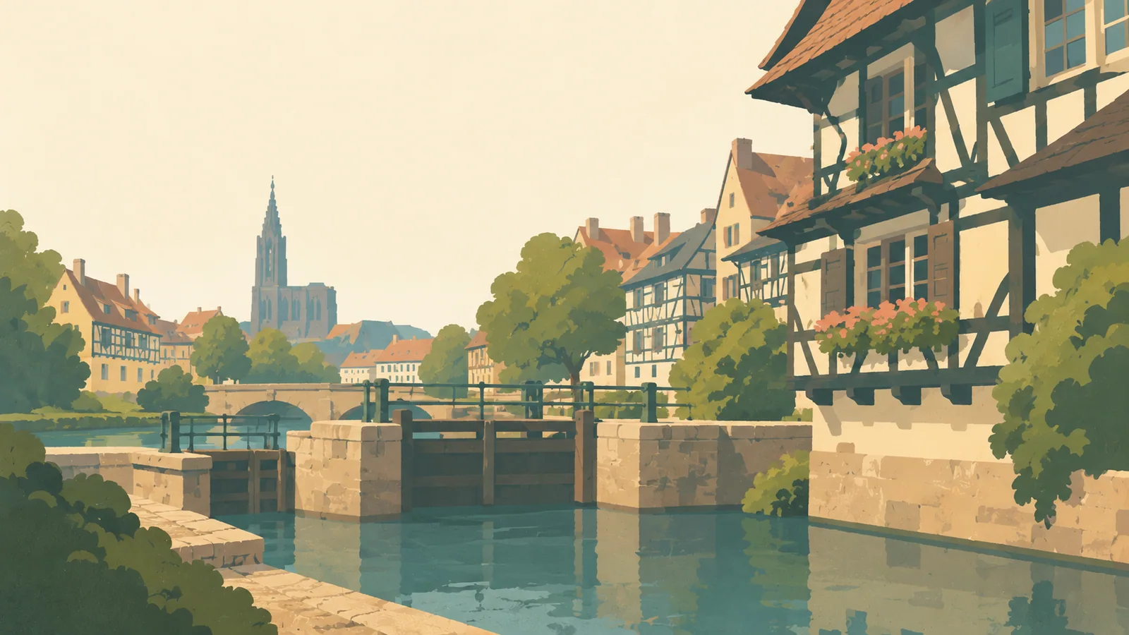 Flat gouache illustration of Strasbourg: Strasbourg's Petite France half-timbered houses beside one quiet canal lock.