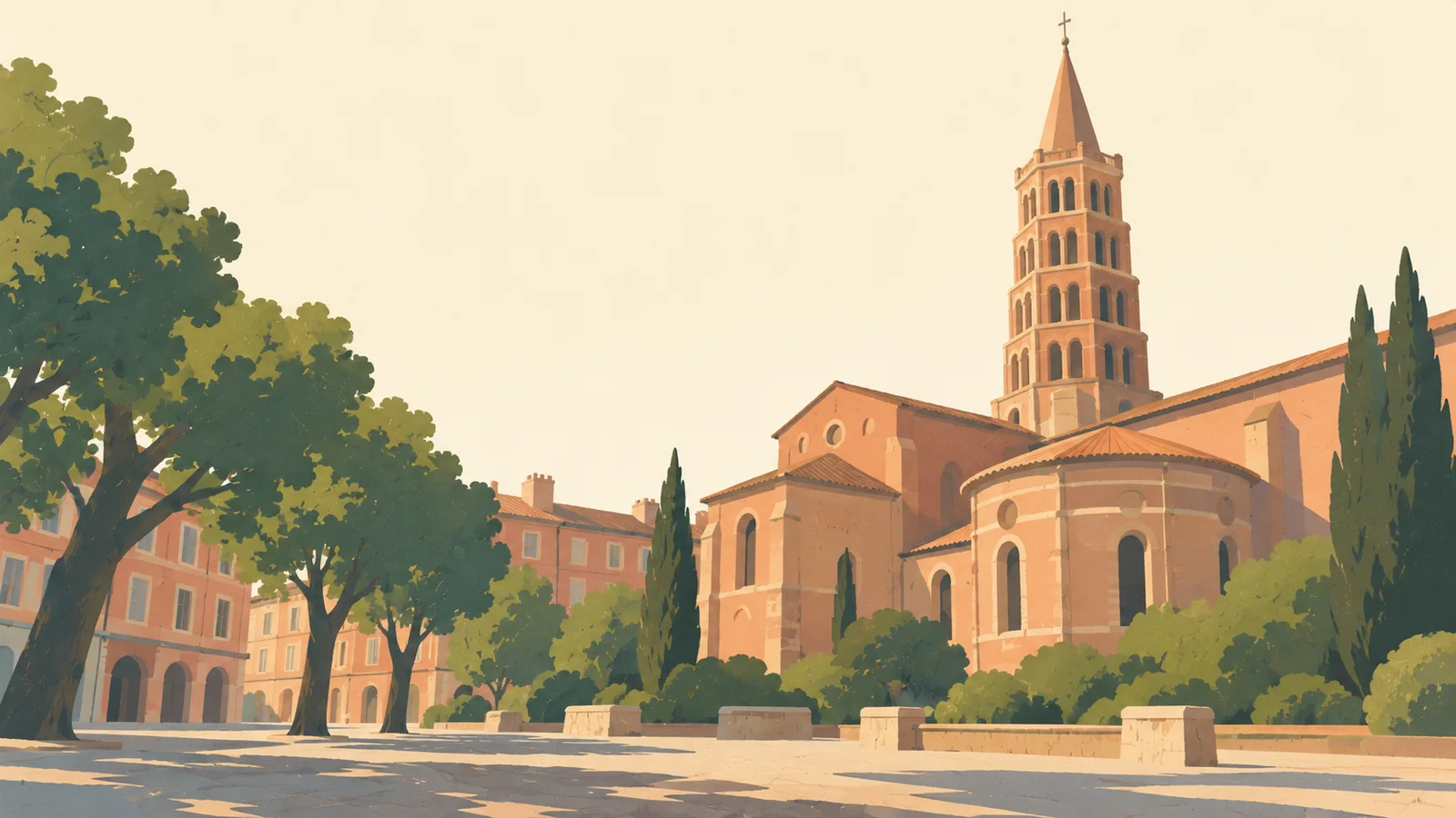 Flat gouache illustration of Toulouse: Toulouse's pink-brick Saint-Sernin octagonal bell tower rising above a quiet shaded square.