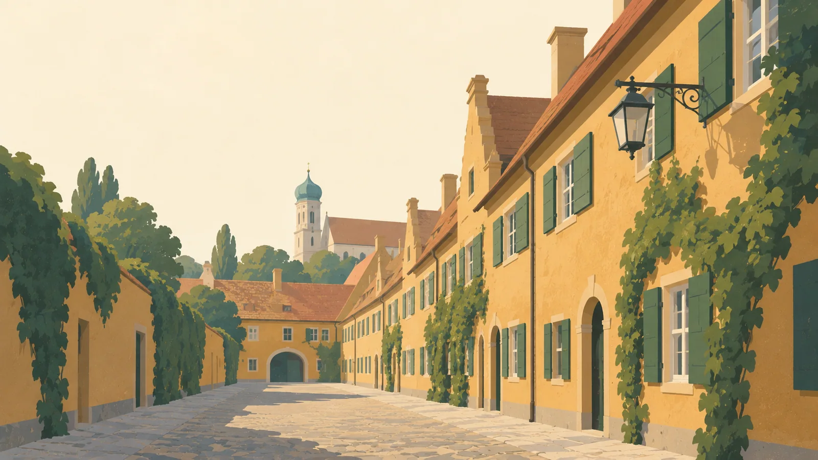 Flat gouache illustration of Augsburg: Augsburg's Fuggerei ochre row houses and green shutters along a quiet straight cobbled lane.
