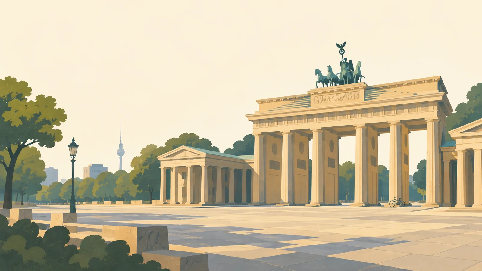 Flat gouache illustration of Berlin: Berlin's monumental Brandenburg Gate viewed obliquely from a quiet broad pedestrian square.