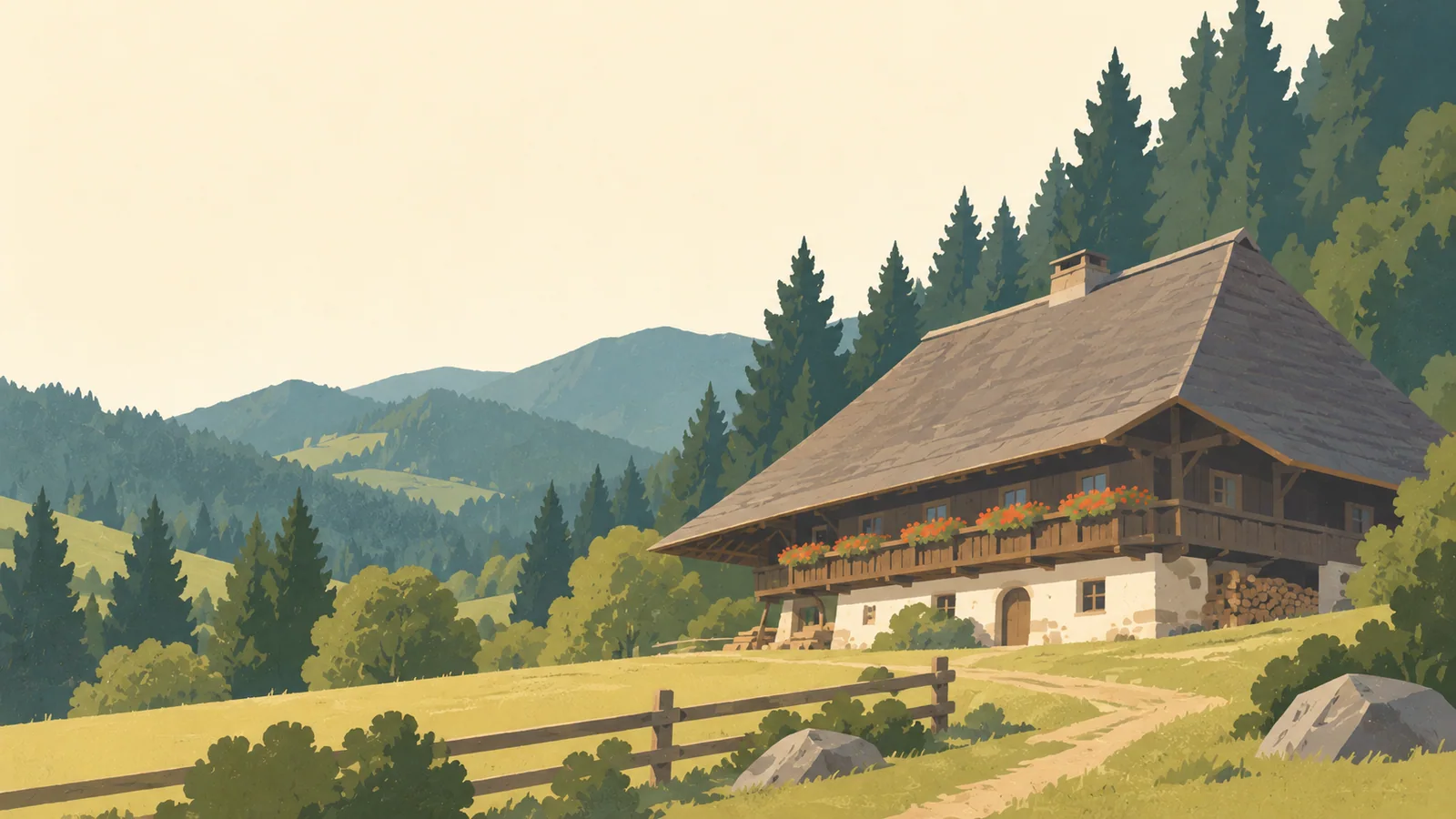 Flat gouache illustration of Black Forest: A Black Forest farmhouse with a very broad sloping shingle roof at the edge of a meadow, deep spruce masses behind.