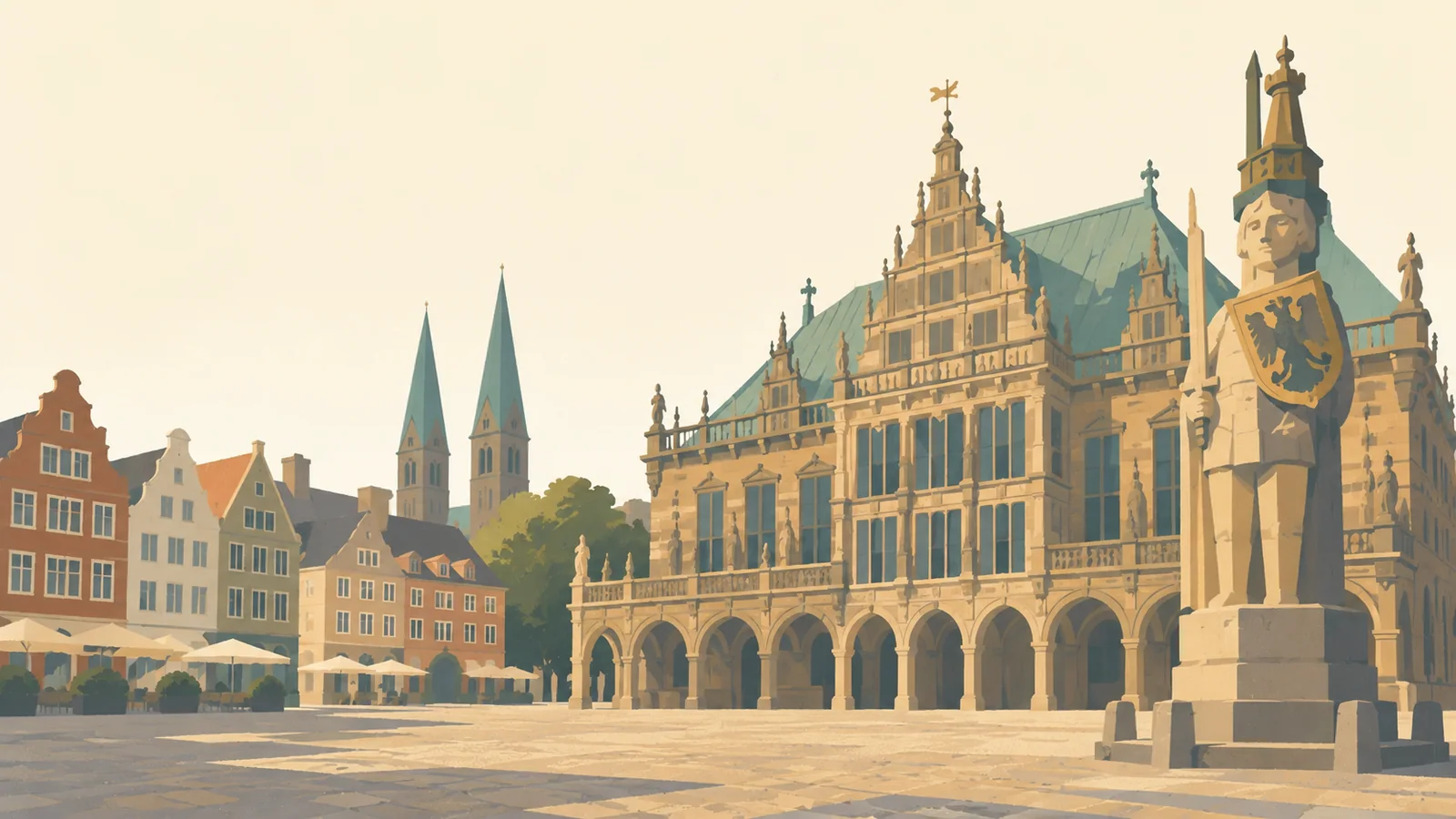 Flat gouache illustration of Bremen: Bremen's ornate stepped-gable town hall beside the Roland column in a quiet cobbled market square.