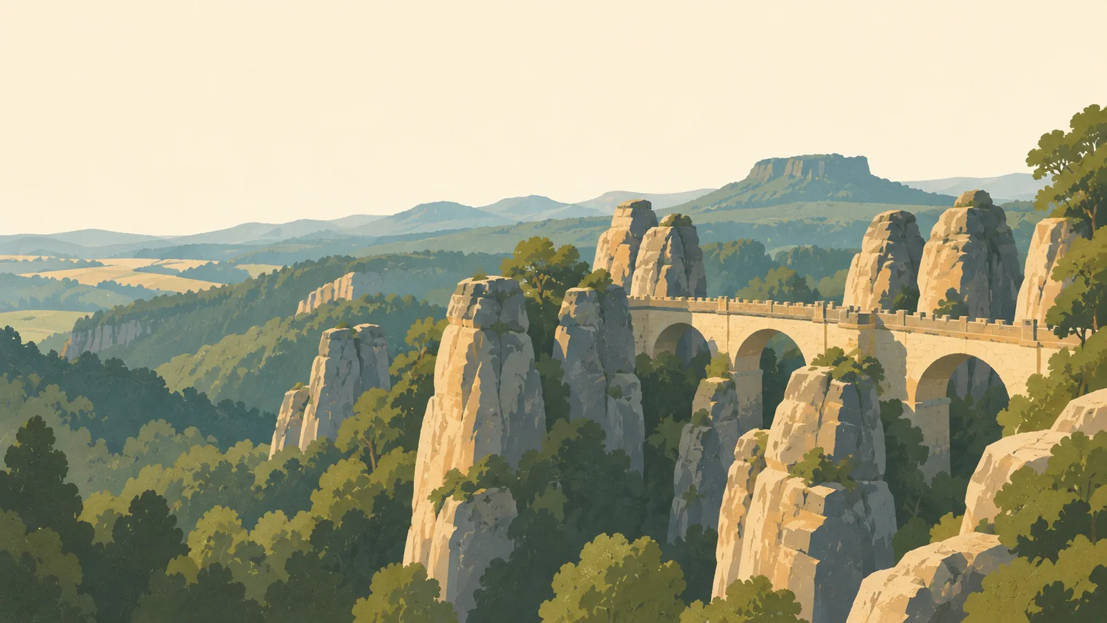 Flat gouache illustration of Dresden and Saxon Switzerland: The Bastei stone bridge threading between tall sandstone pinnacles above a muted forest canopy.