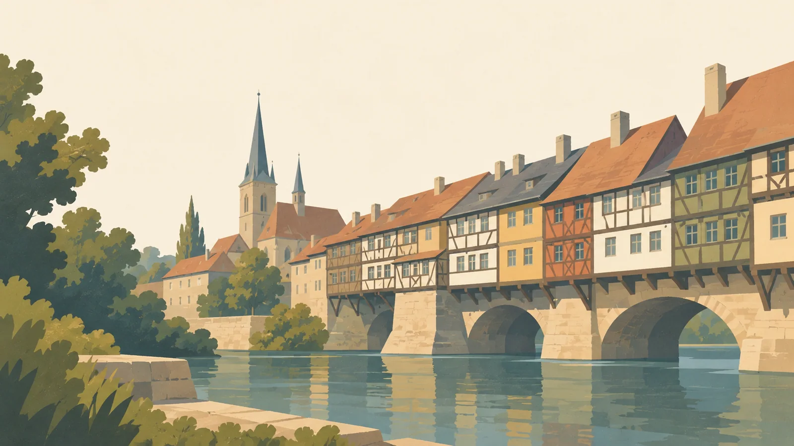 Flat gouache illustration of Erfurt: Erfurt's Krämerbrücke inhabited bridge with warm timber houses above broad stone arches.