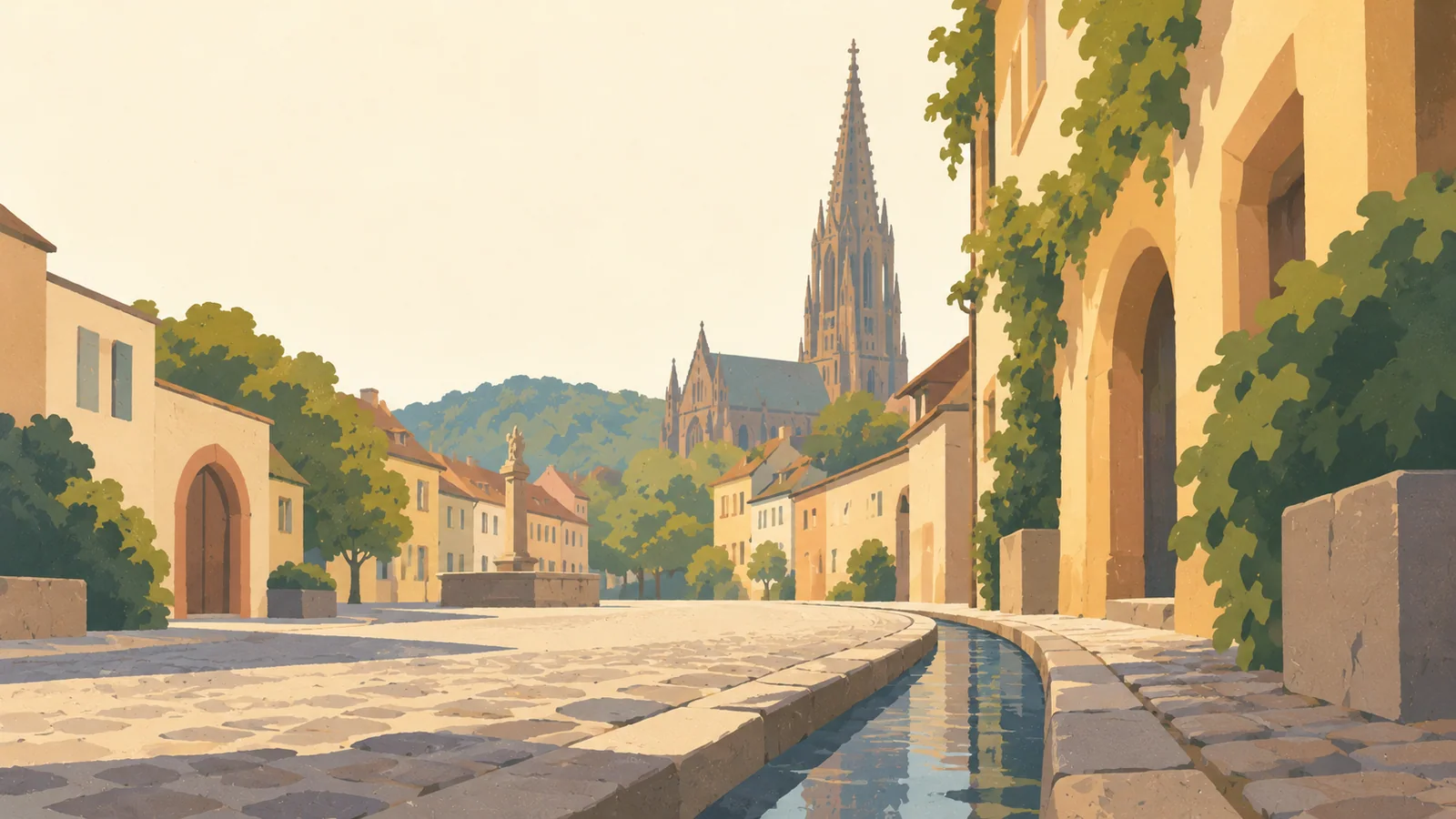 Flat gouache illustration of Freiburg: Freiburg's shallow Bächle water channel curving along a cobbled old-town lane toward the cathedral spire.