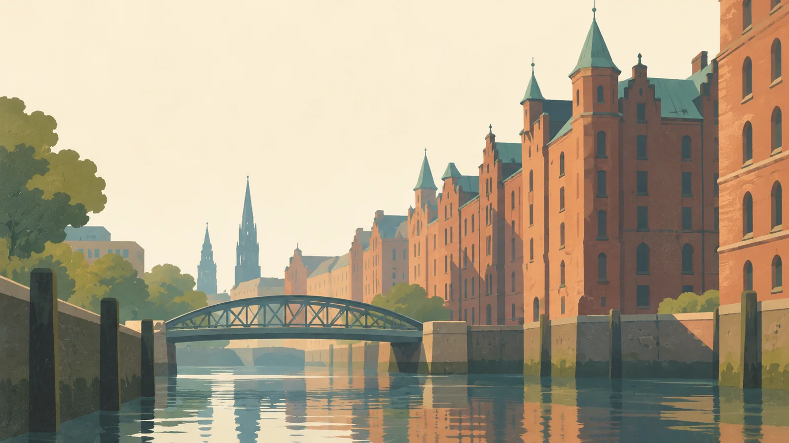 Flat gouache illustration of Hamburg: Hamburg's Speicherstadt red-brick warehouse canyon and a small arched canal bridge.