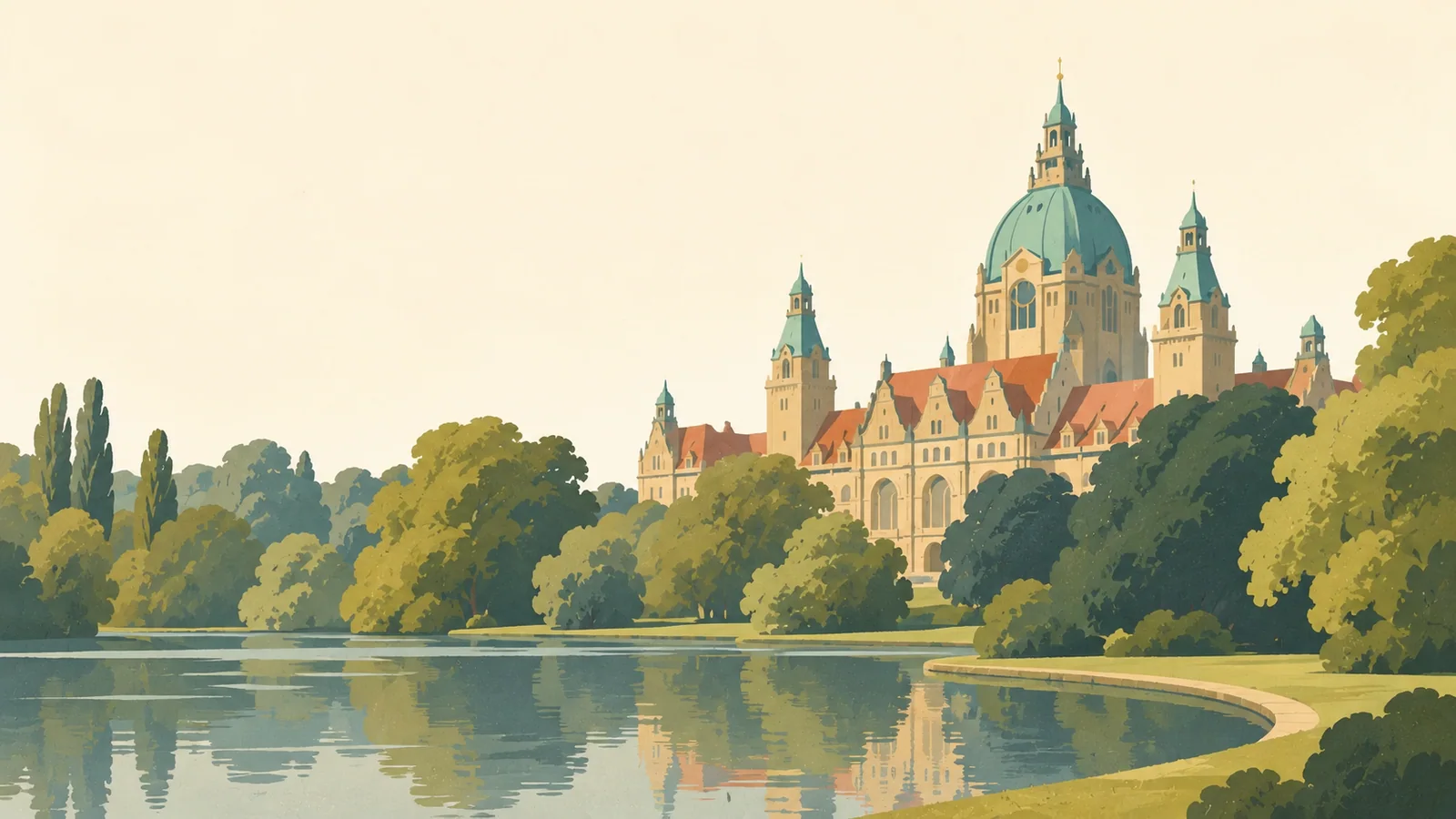 Flat gouache illustration of Hannover: Hannover's New Town Hall copper dome behind broad Maschpark tree masses and a curved pond edge.