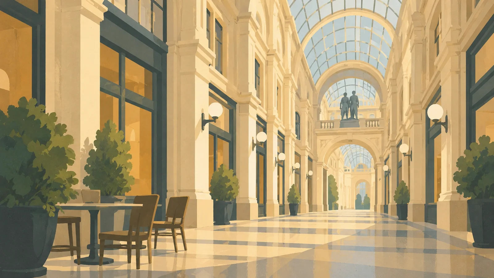 Flat gouache illustration of Leipzig: Leipzig's Mädler Passage vaulted glass arcade with cream columns and broad tiled floor planes.