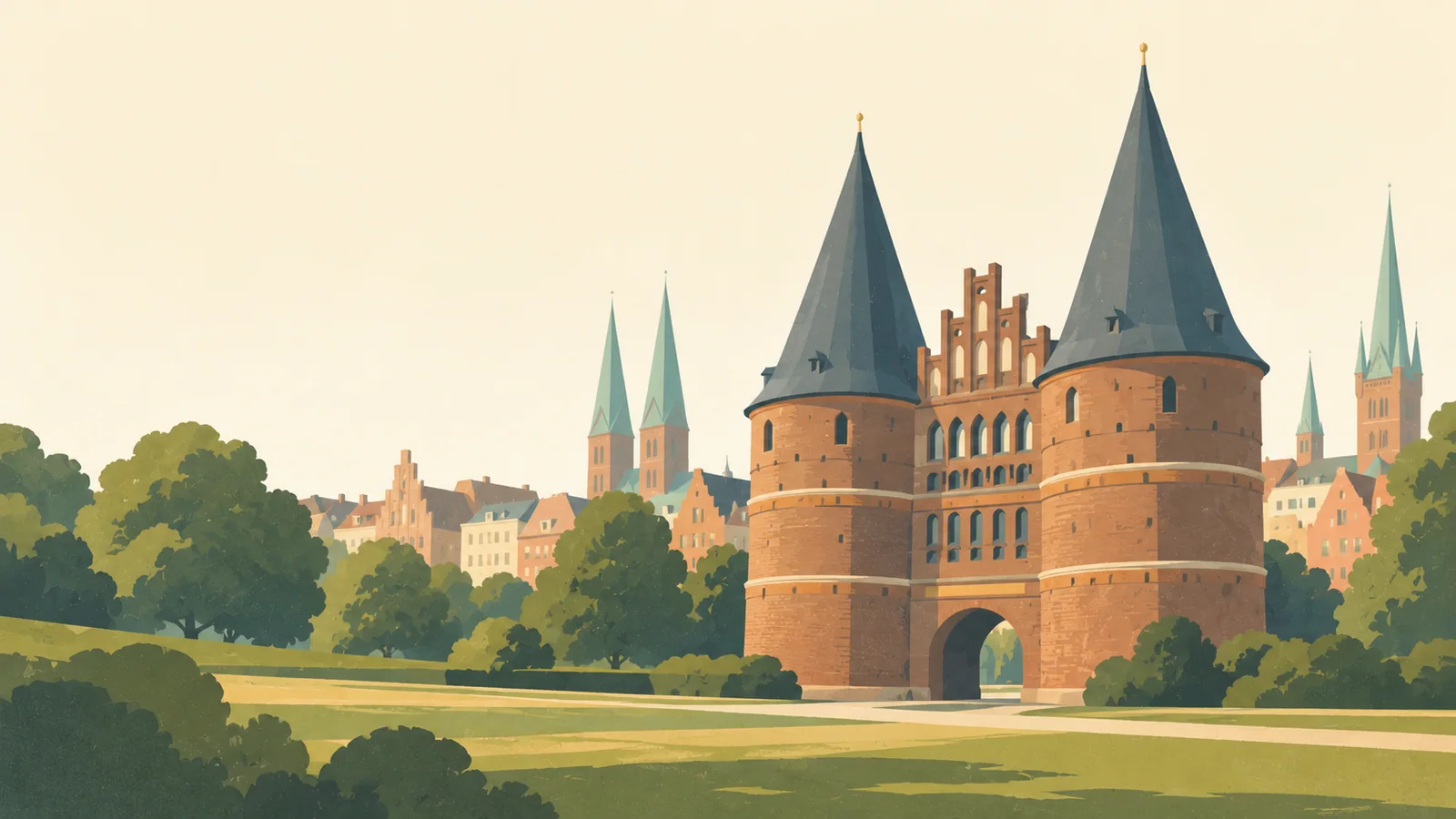 Flat gouache illustration of Lübeck: Lübeck's twin round Holstentor brick towers with their dark pointed roofs and sloping central gate.