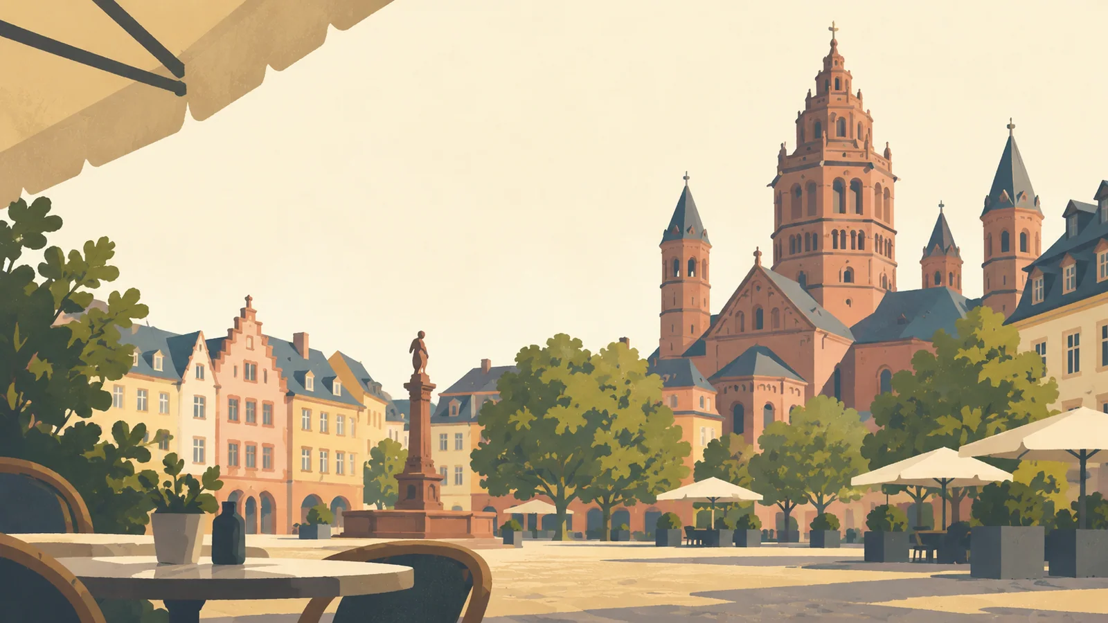 Flat gouache illustration of Mainz: Mainz Cathedral's red sandstone towers and warm market-square facades seen from beneath a café awning.