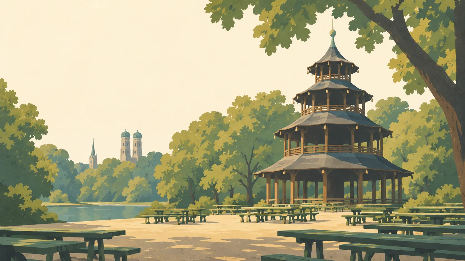 Flat gouache illustration of Munich: Munich's English Garden Chinese Tower timber pavilion among broad chestnut canopies and simple beer-garden tables.