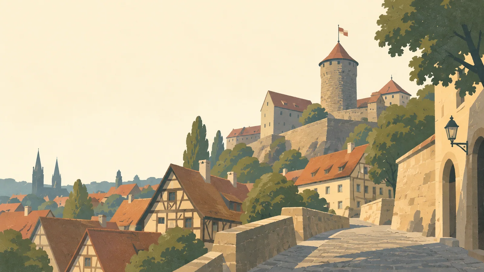Flat gouache illustration of Nuremberg: Nuremberg's Imperial Castle round stone tower above steep terracotta roofs and a quiet cobbled climb.