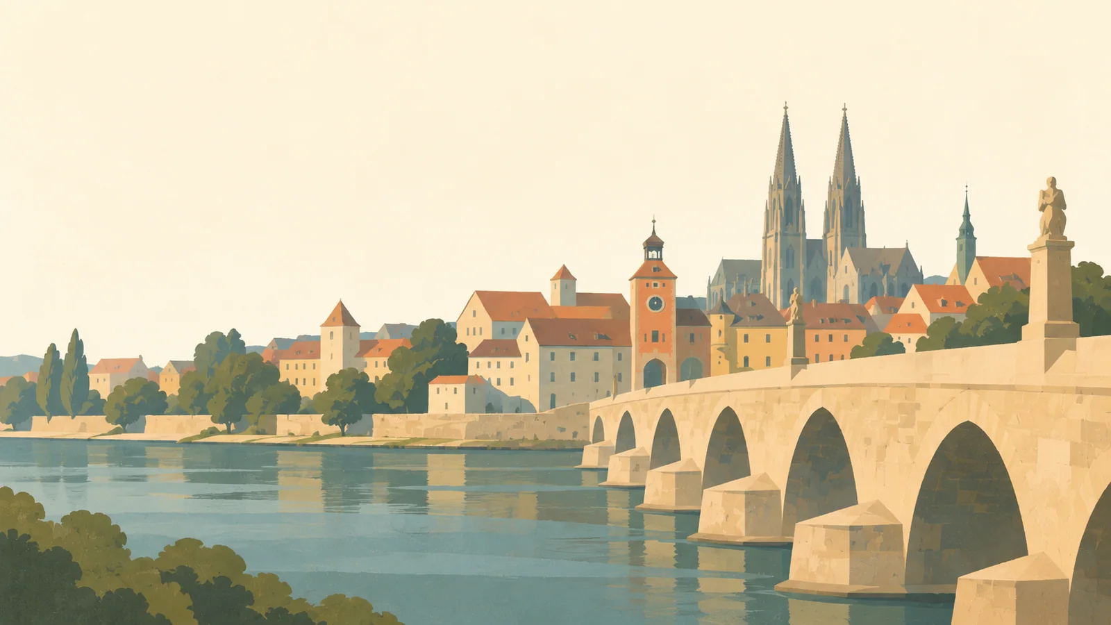 Flat gouache illustration of Regensburg: Regensburg's medieval Stone Bridge leading diagonally toward low pastel old-town roofs and the cathedral twin spires.