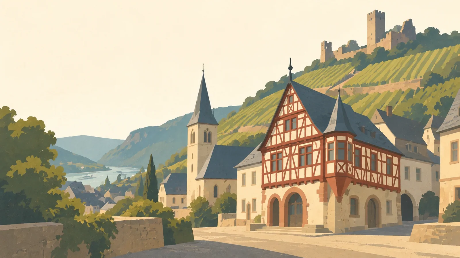 Flat gouache illustration of Rhine Valley: Bacharach's timber-framed Altes Haus corner beneath steep vineyard rows and a distant hilltop castle.
