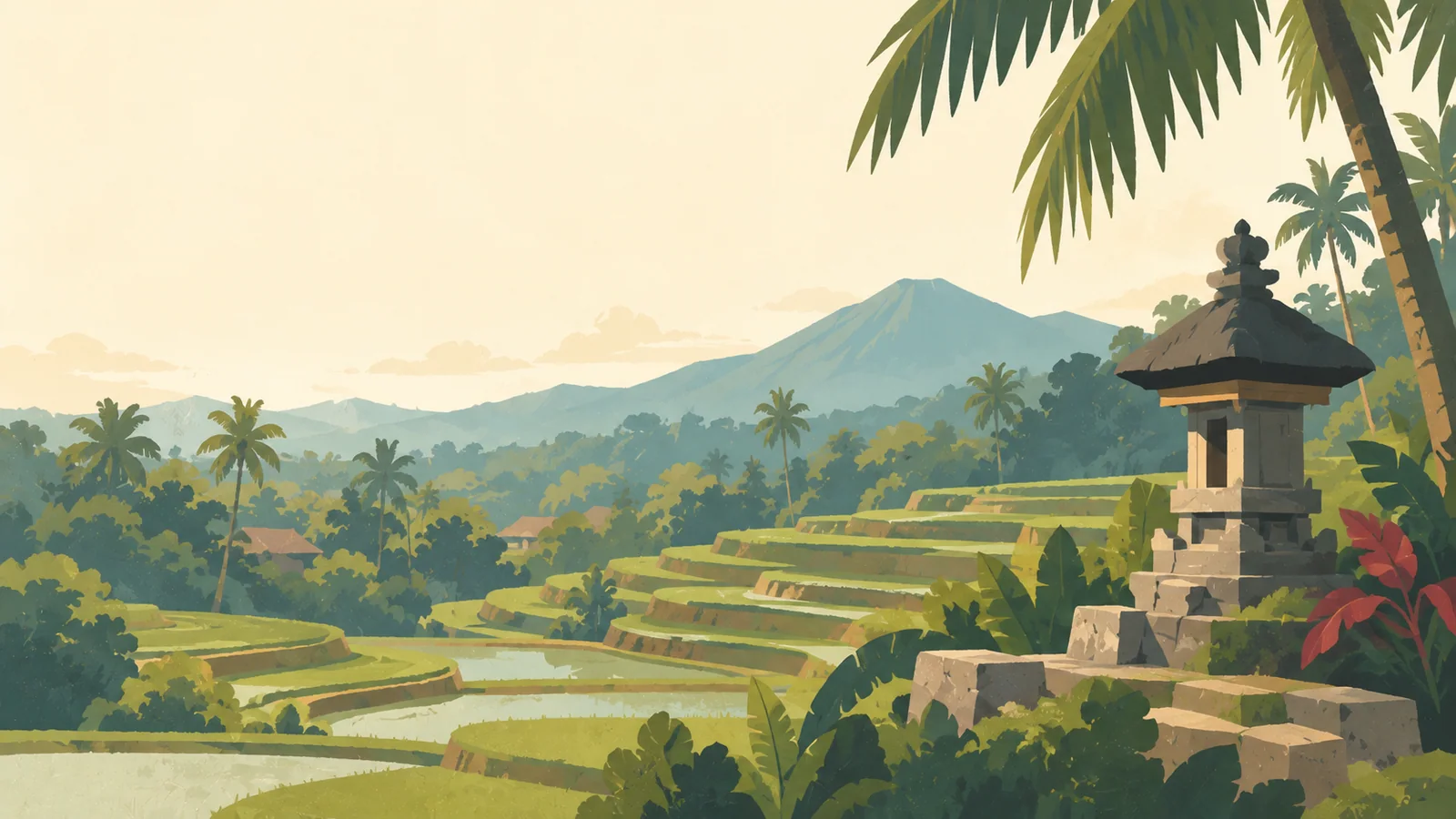 Flat gouache illustration of Bali: Ubud's rice terraces curving around a small Balinese stone shrine beneath broad coconut leaves.