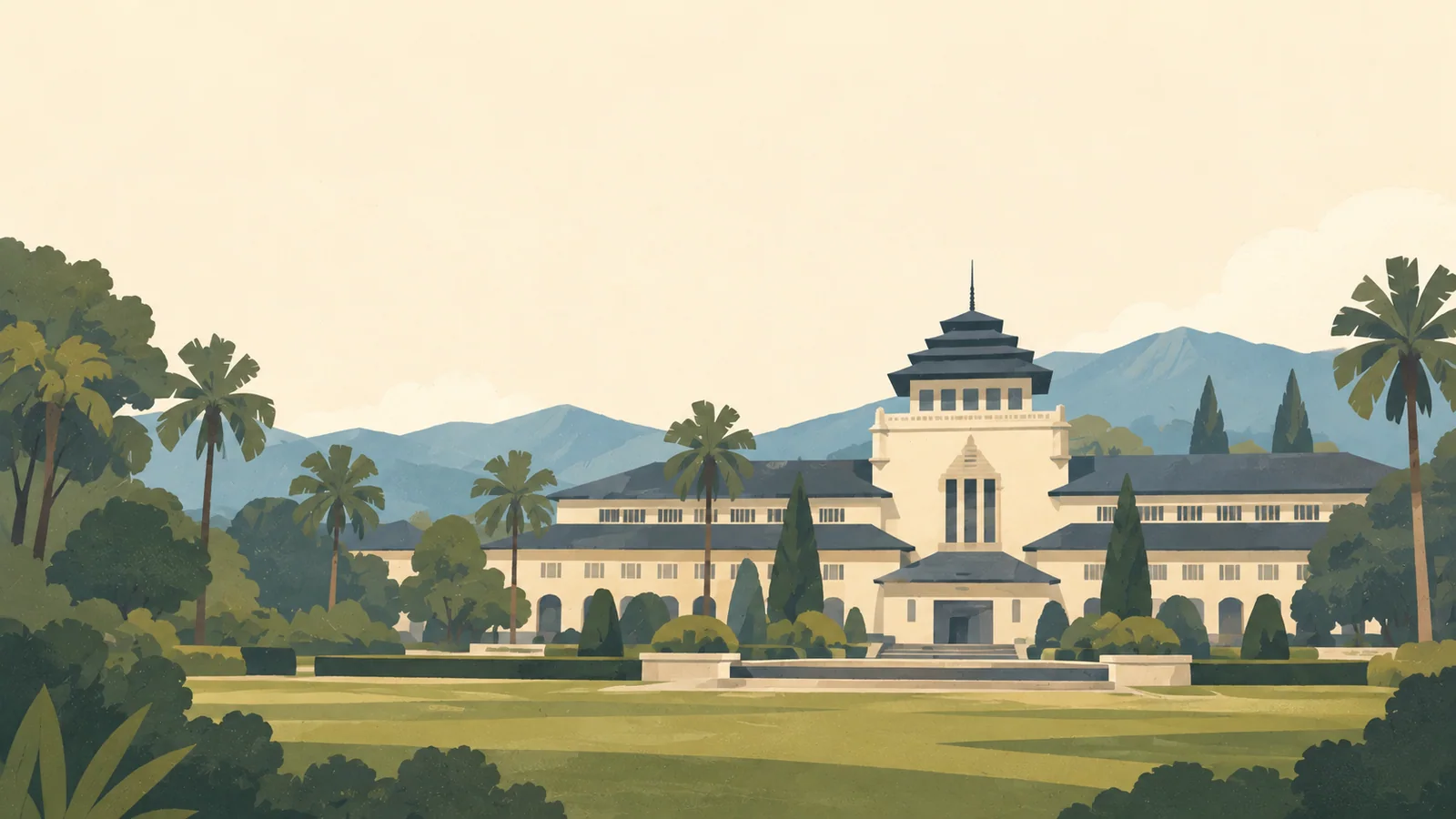 Flat gouache illustration of Bandung: Bandung's Gedung Sate distinctive tiered central roof and cream Art Deco facade beyond a broad green lawn.