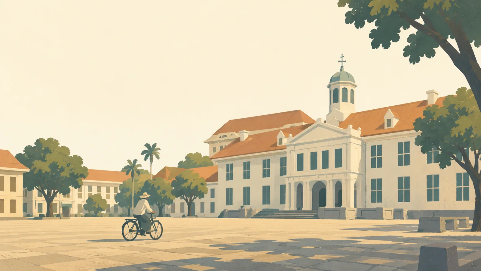 Flat gouache illustration of Jakarta: Jakarta's Fatahillah Square with the pale colonial museum facade and one broad bicycle silhouette.