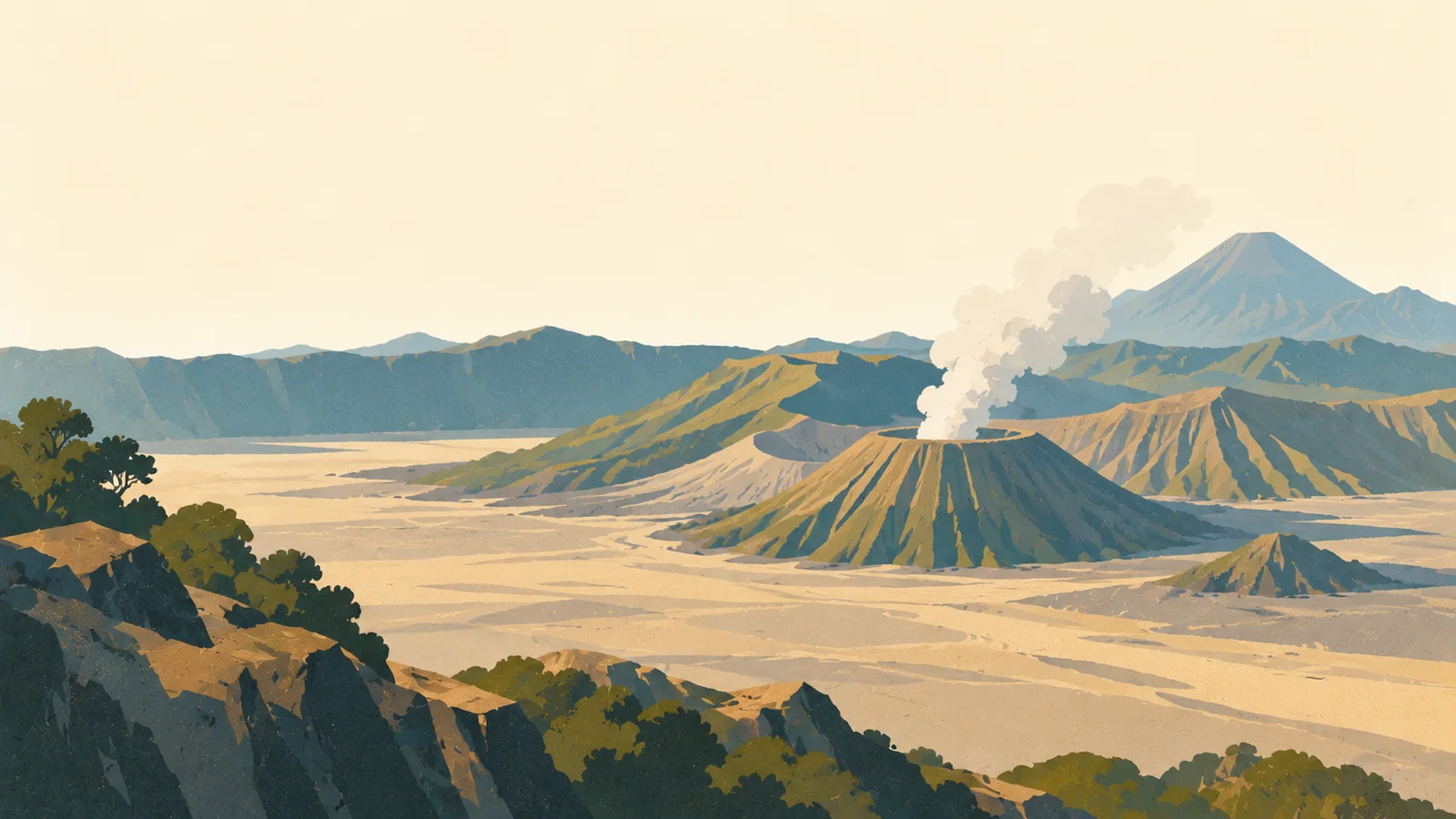 Flat gouache illustration of Java volcano route: Mount Bromo's smoking crater within the broad pale volcanic sea of sand, viewed diagonally from a dark caldera rim.