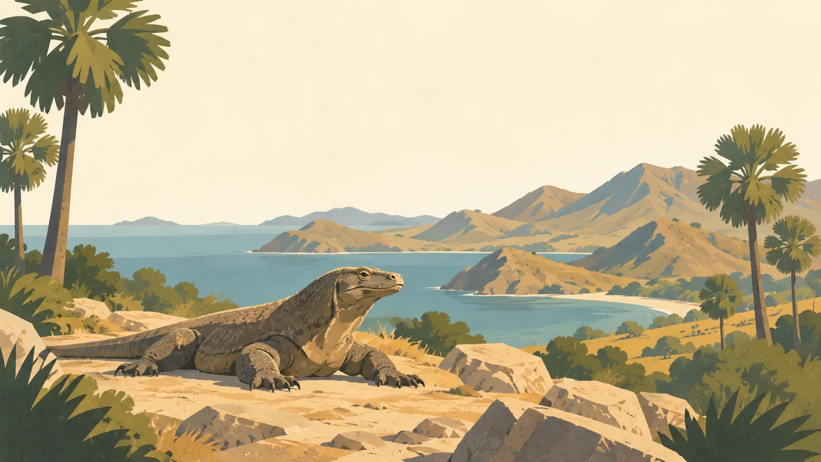 Flat gouache illustration of Komodo and Flores: A Komodo dragon resting on a low dry rocky path framed by broad lontar palm silhouettes.