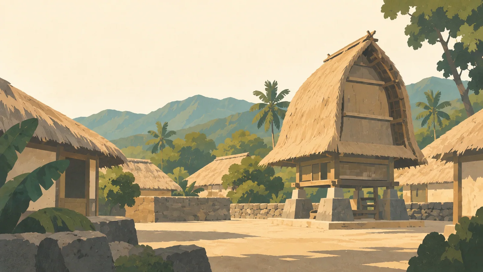 Flat gouache illustration of Lombok: A traditional Sasak thatched rice granary with a curved roof beside a quiet packed-earth village courtyard.