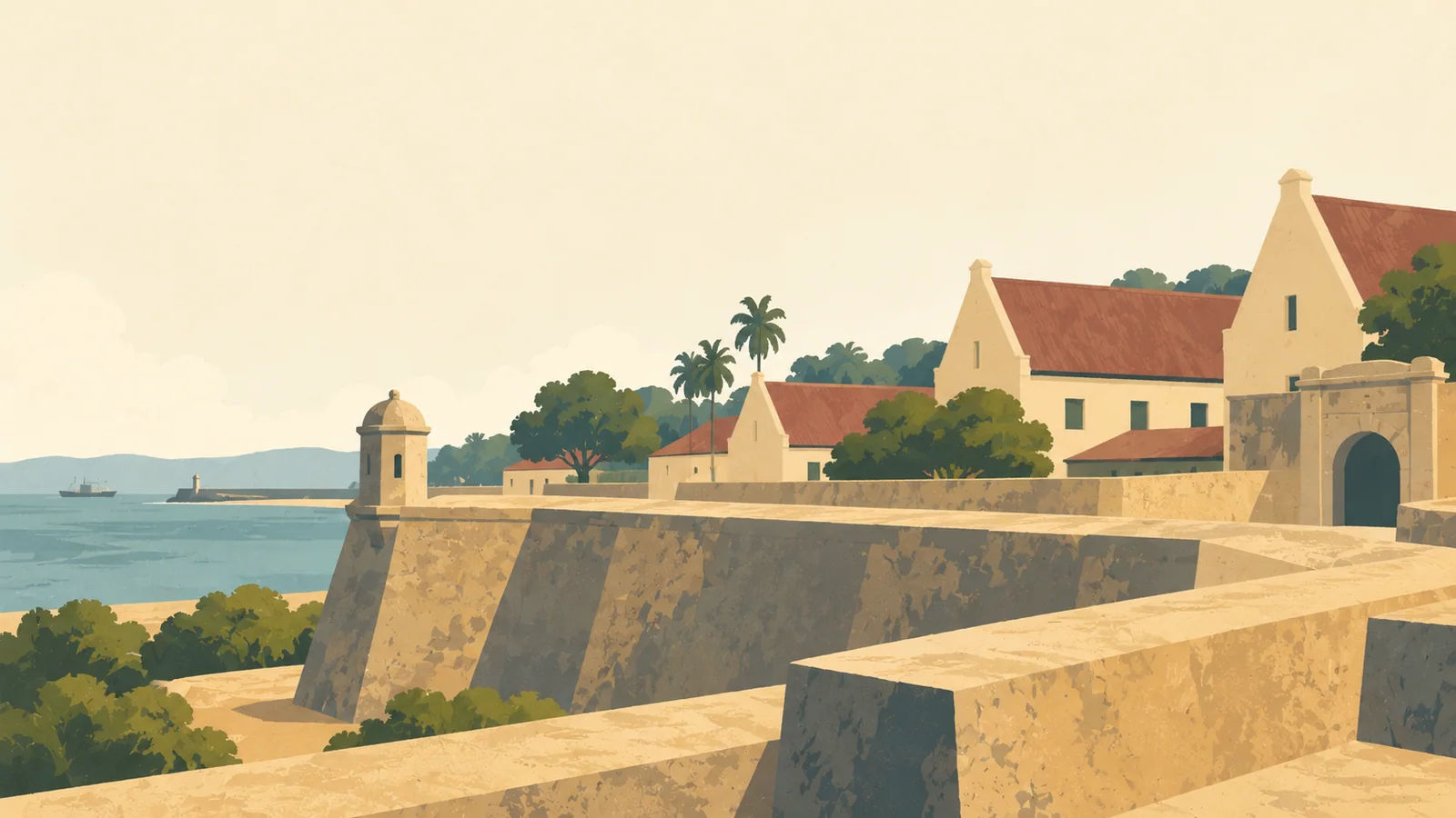 Flat gouache illustration of Makassar: Makassar's Fort Rotterdam low ochre bastions and red-tiled colonial roofs seen along the thick stone rampart.