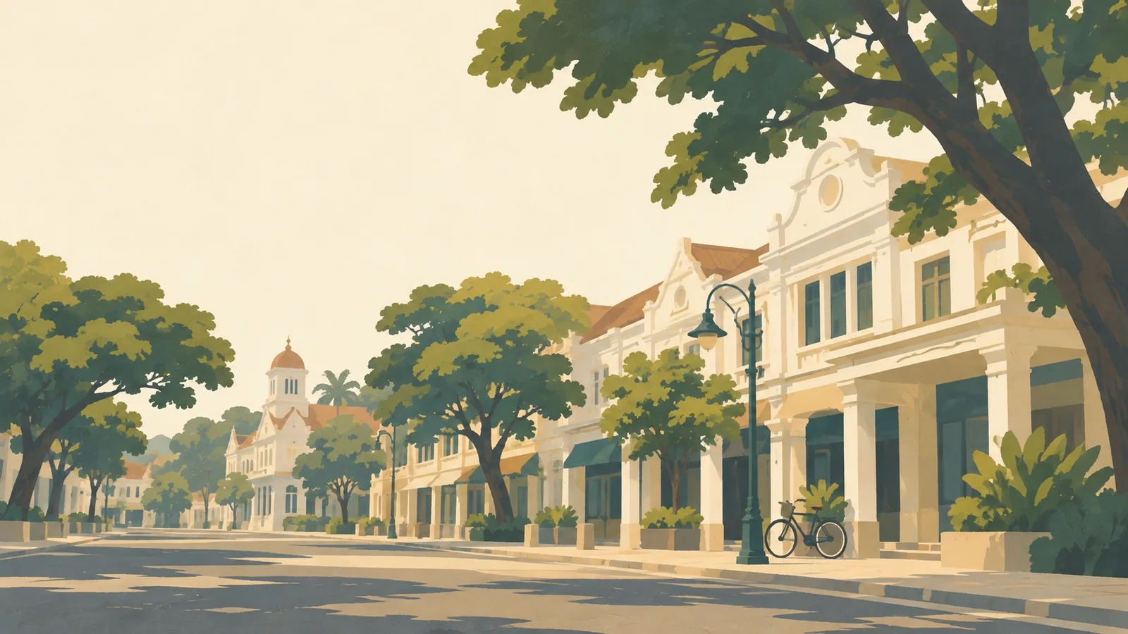 Flat gouache illustration of Malang: Malang's Kayutangan colonial street facades beneath broad rain-tree shade with a modest bicycle.
